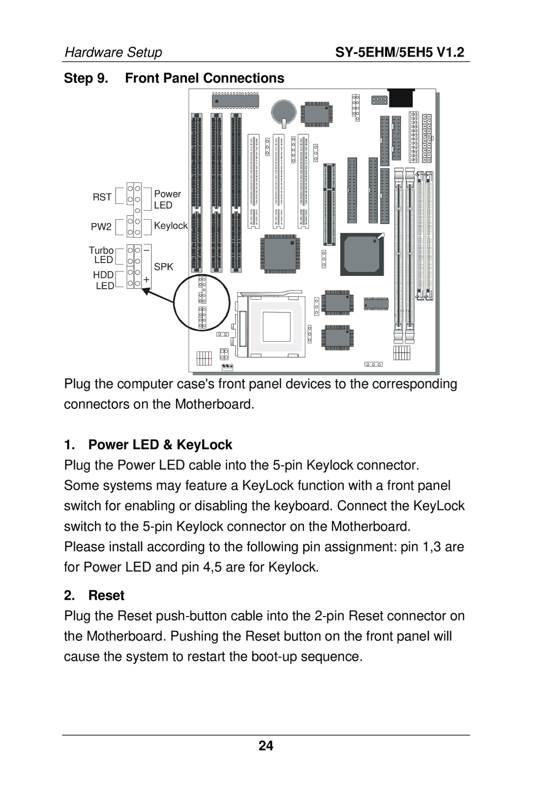 SOYO 5EHM V1.2, SY-5EH5 manual Front Panel Connections, Power LED & KeyLock, Reset 