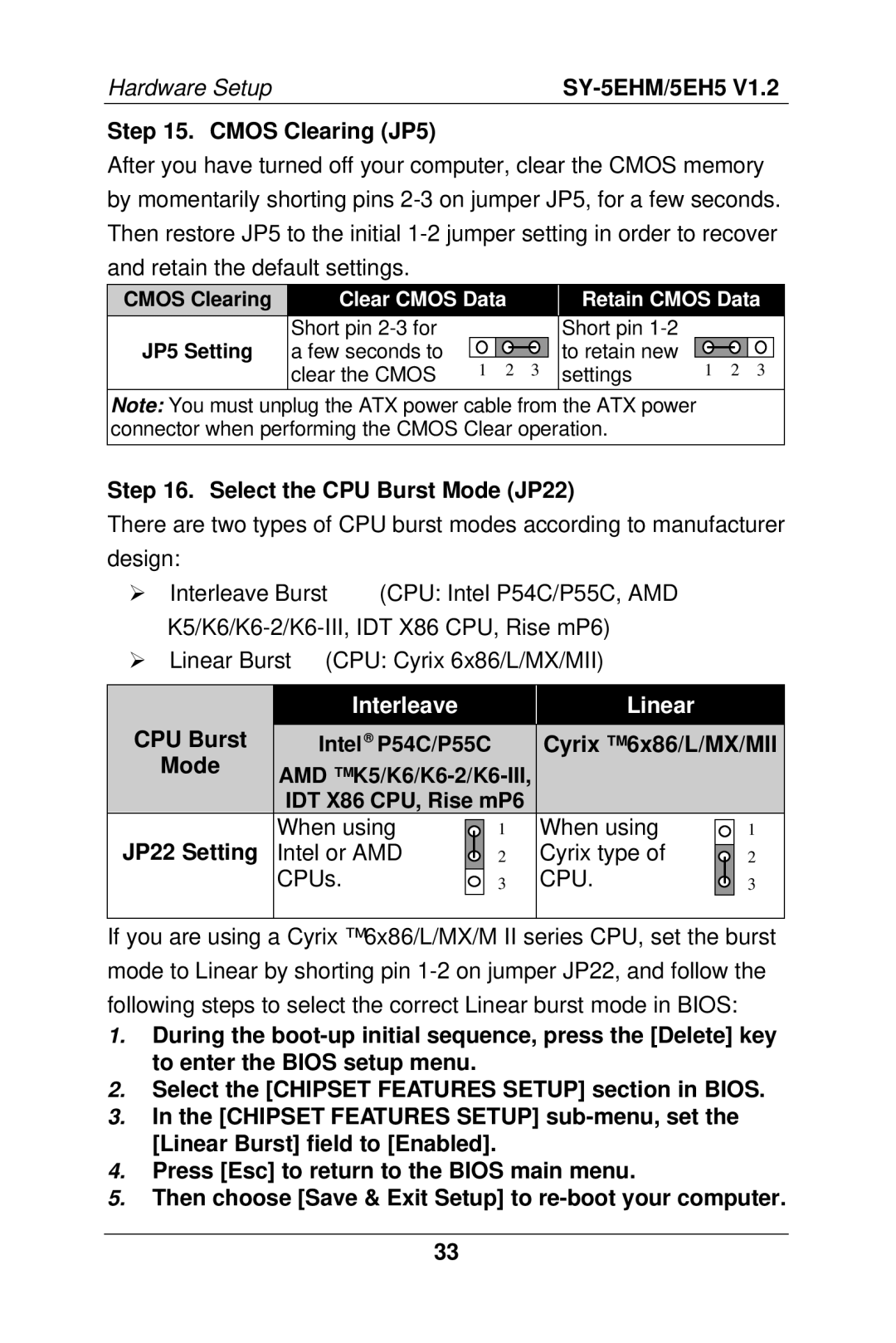 SOYO SY-5EH5, 5EHM V1.2 manual Cmos Clearing JP5, Select the CPU Burst Mode JP22, JP22 Setting 