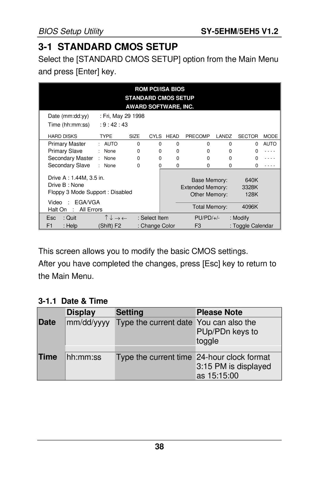 SOYO 5EHM V1.2, SY-5EH5 manual Standard Cmos Setup, Date & Time Display Setting Please Note 