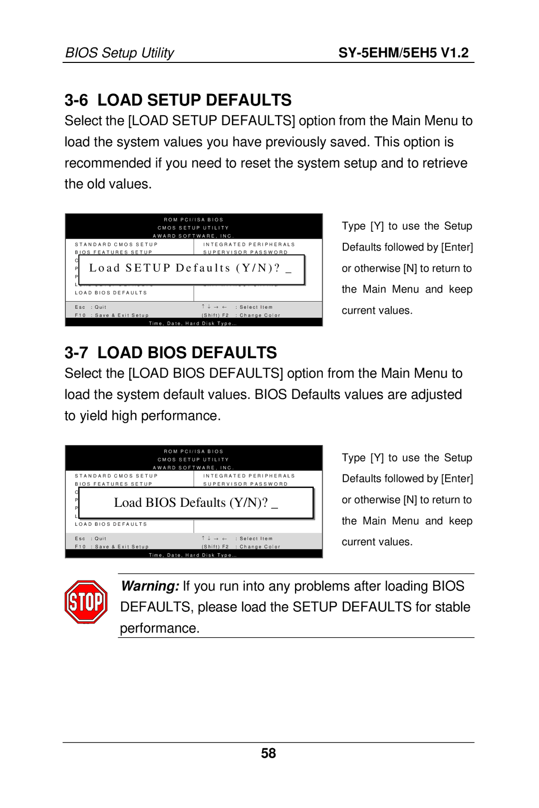 SOYO 5EHM V1.2, SY-5EH5 manual Load Setup Defaults, Load Bios Defaults 