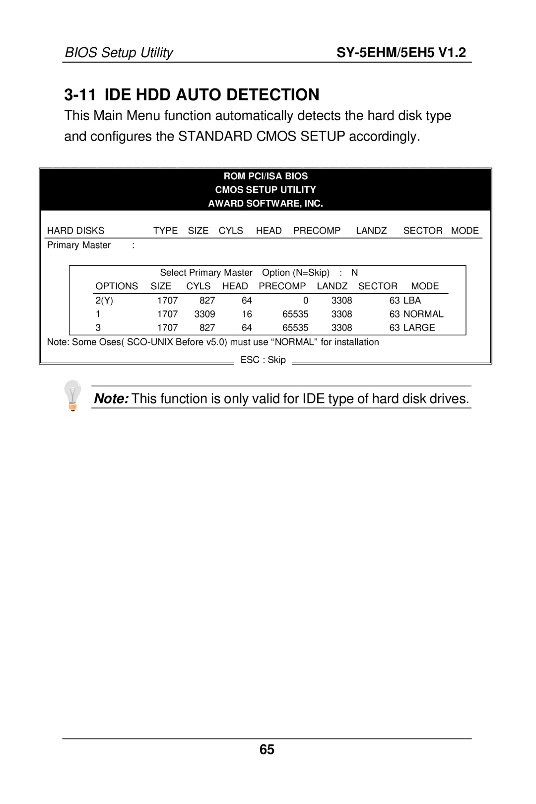 SOYO SY-5EH5, 5EHM V1.2 manual IDE HDD Auto Detection, ROM PCI/ISA Bios Cmos Setup Utility Award SOFTWARE, INC 