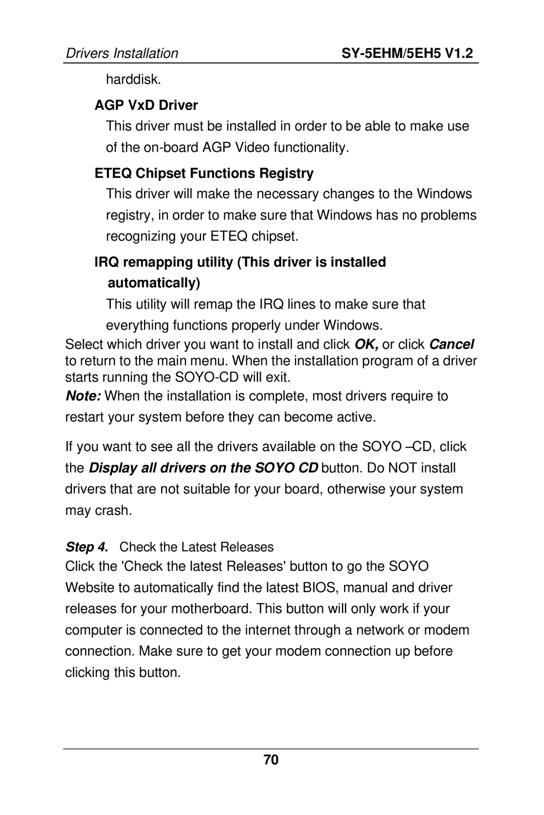 SOYO 5EHM V1.2, SY-5EH5 manual ⎯ AGP VxD Driver, ⎯ Eteq Chipset Functions Registry 