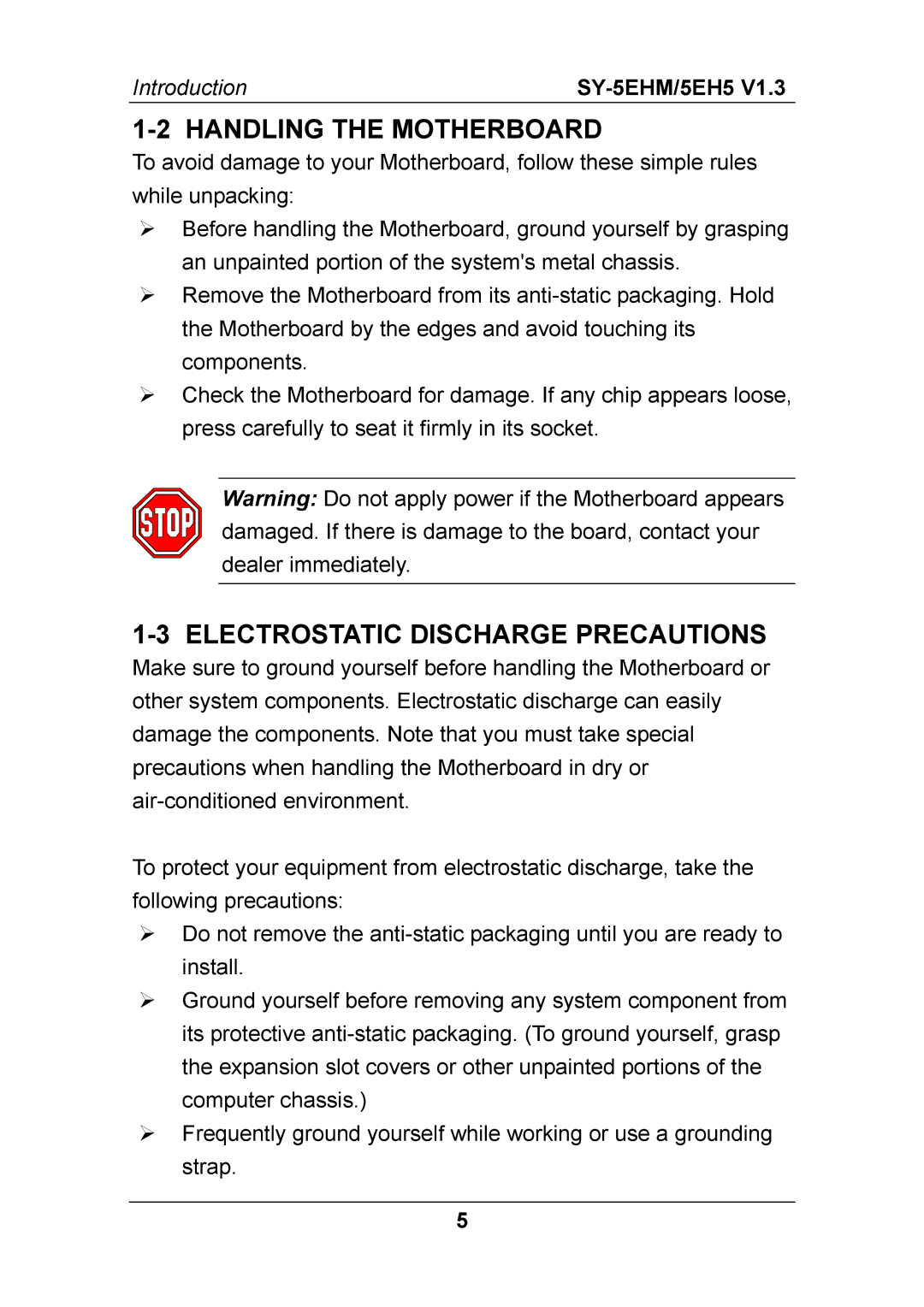 SOYO ETEQ82C663 AGP, SY-5EHM, ETEQ82C663 PCI, SY-5EH5 manual Handling the Motherboard, Electrostatic Discharge Precautions 