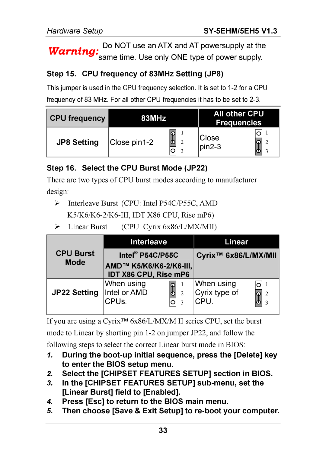 SOYO ETEQ82C663 AGP, SY-5EHM manual CPU frequency of 83MHz Setting JP8, Select the CPU Burst Mode JP22, Cyrix 6x86/L/MX/MII 