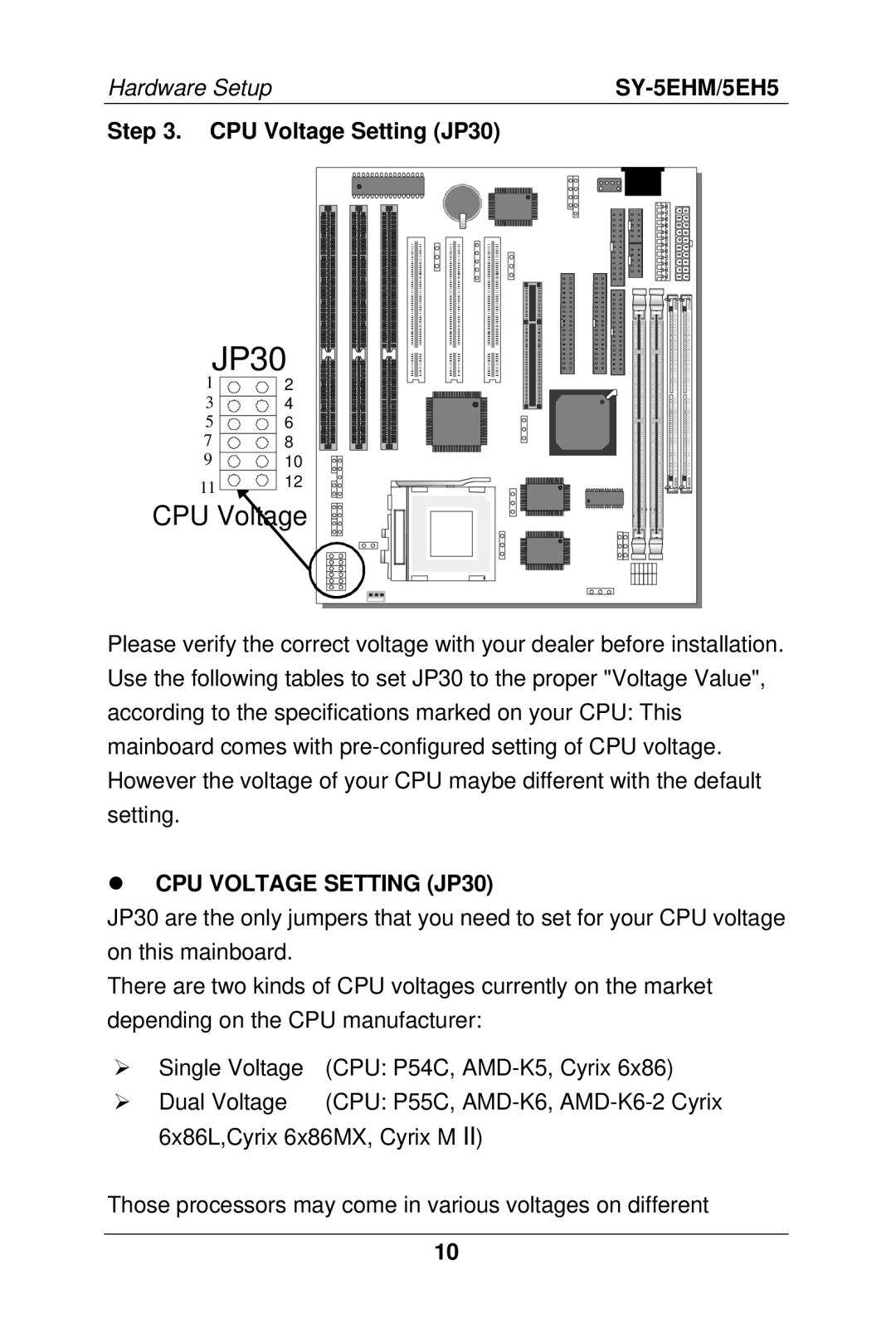 SOYO Super 7 Mainboard, SY-5EHM/5EH5 manual CPU Voltage Setting JP30 