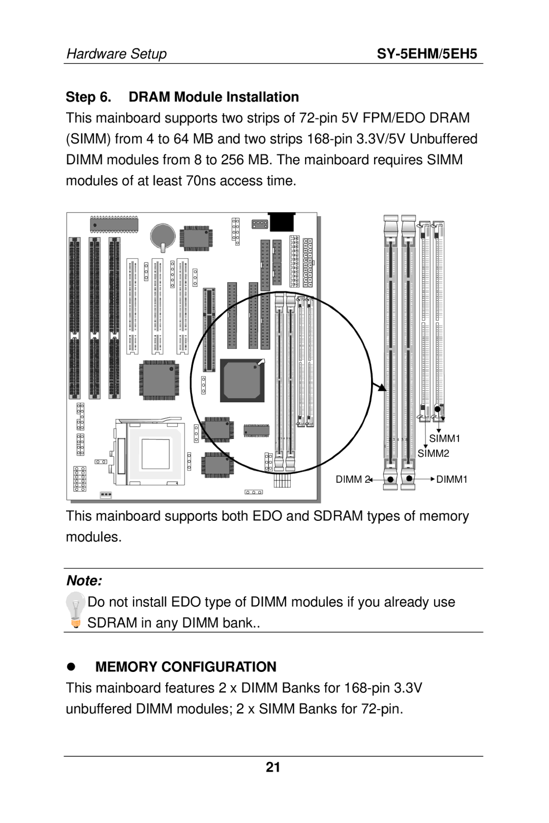 SOYO SY-5EHM/5EH5, Super 7 Mainboard manual Dram Module Installation, Memory Configuration 