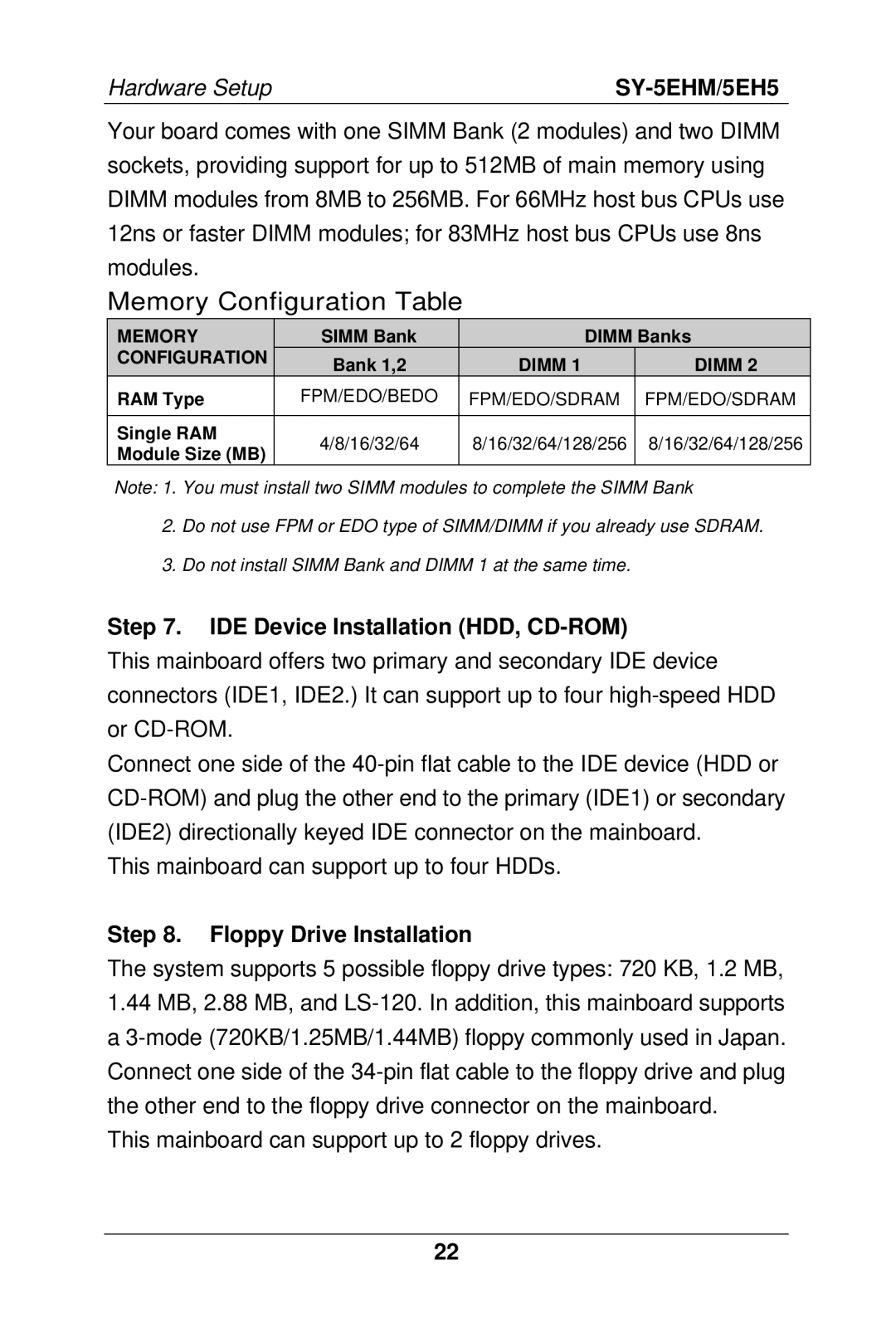 SOYO Super 7 Mainboard, SY-5EHM/5EH5 manual IDE Device Installation HDD, CD-ROM, Floppy Drive Installation 