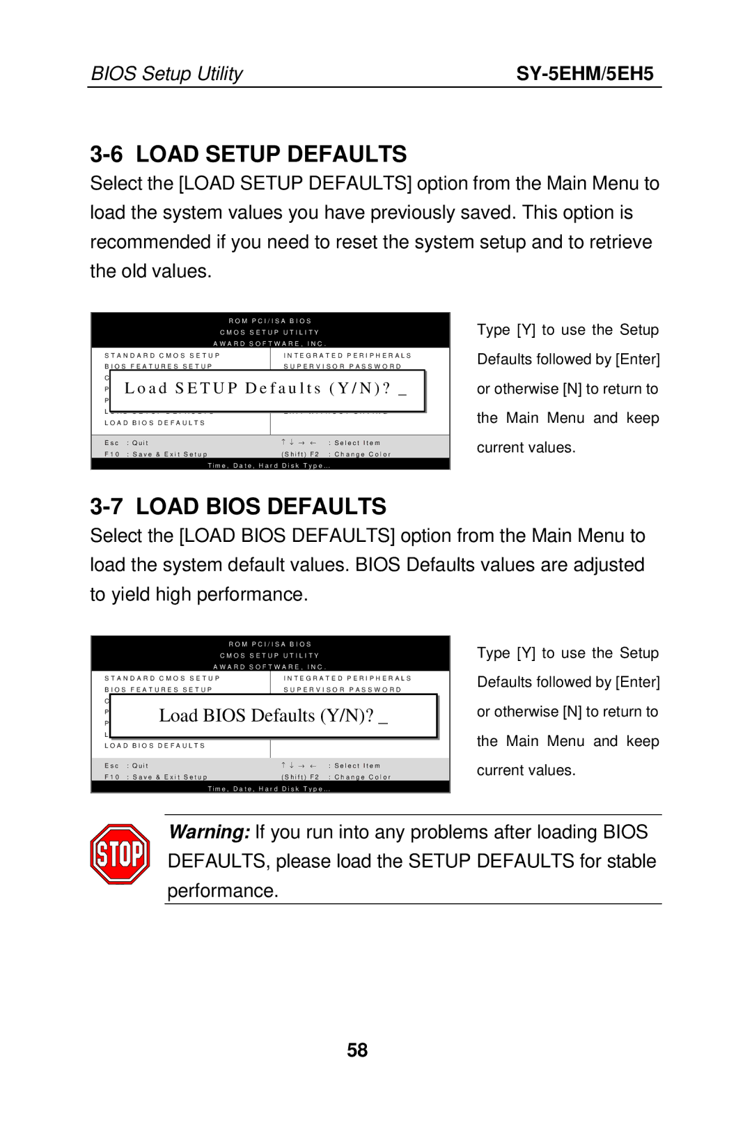 SOYO Super 7 Mainboard, SY-5EHM/5EH5 manual Load Setup Defaults, Load Bios Defaults 