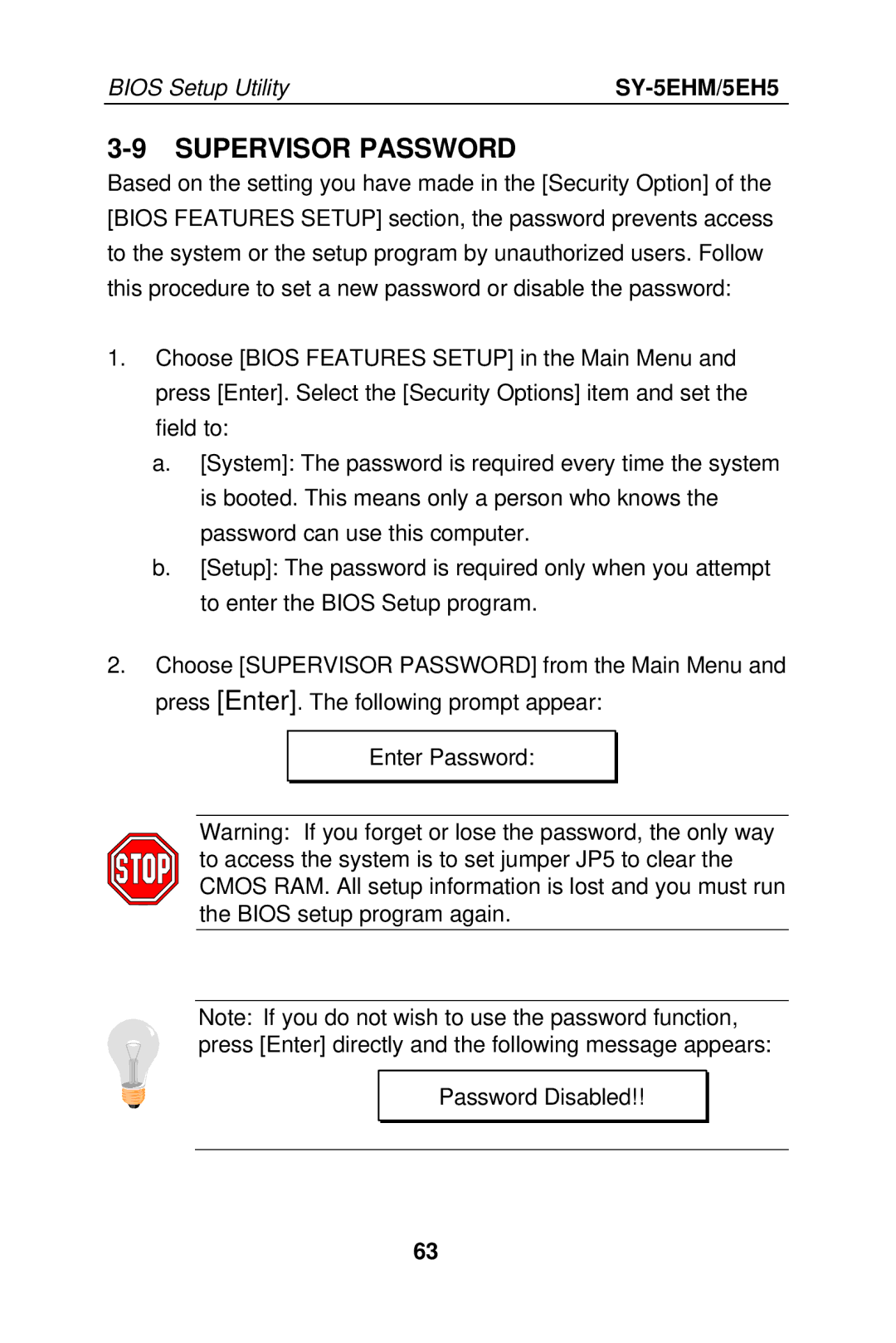 SOYO SY-5EHM/5EH5, Super 7 Mainboard manual Supervisor Password 