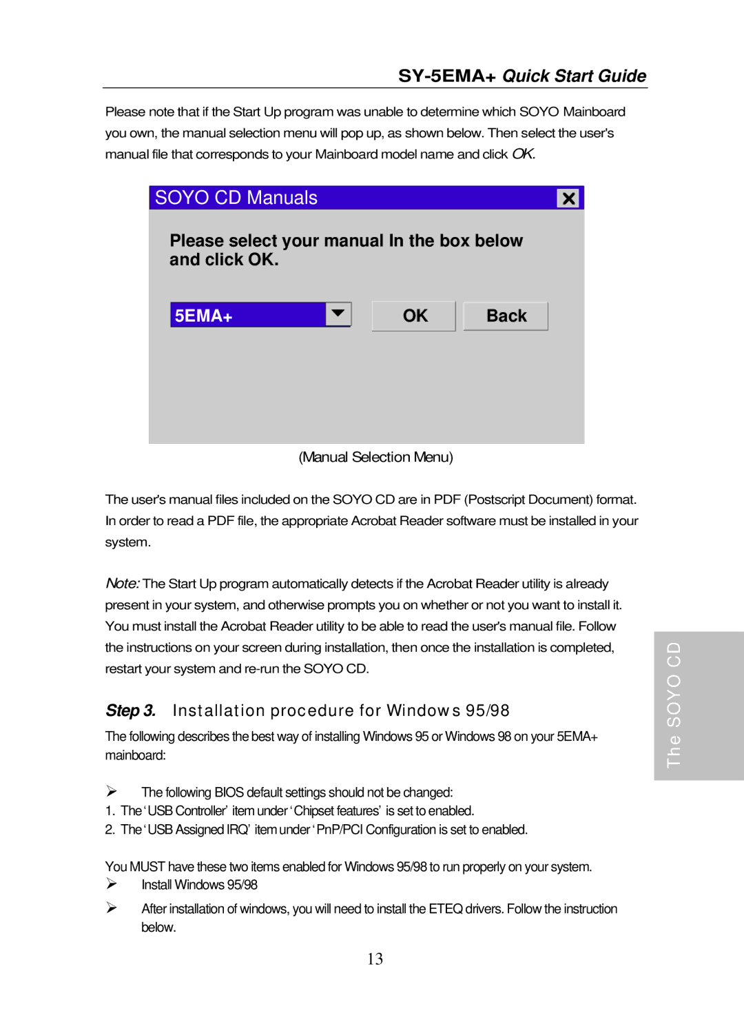 SOYO SY-5EMA+ Please select your manual In the box below and click OK, Back, Installation procedure for Windows 95/98 