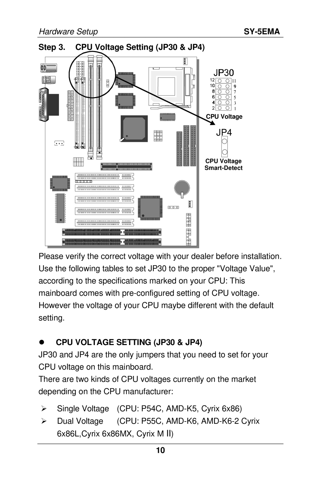 SOYO SY-5EMA manual CPU Voltage Setting JP30 & JP4 