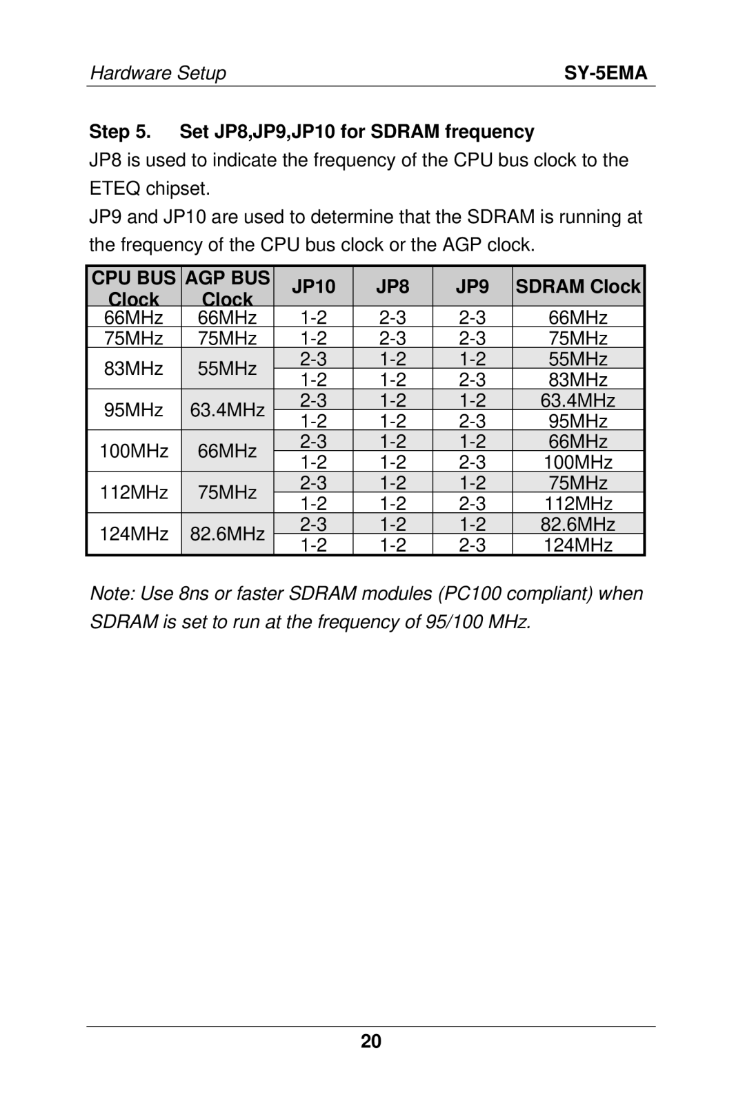 SOYO SY-5EMA manual Set JP8,JP9,JP10 for Sdram frequency, Cpu Bus Agp Bus, JP8 JP9, Sdram Clock 