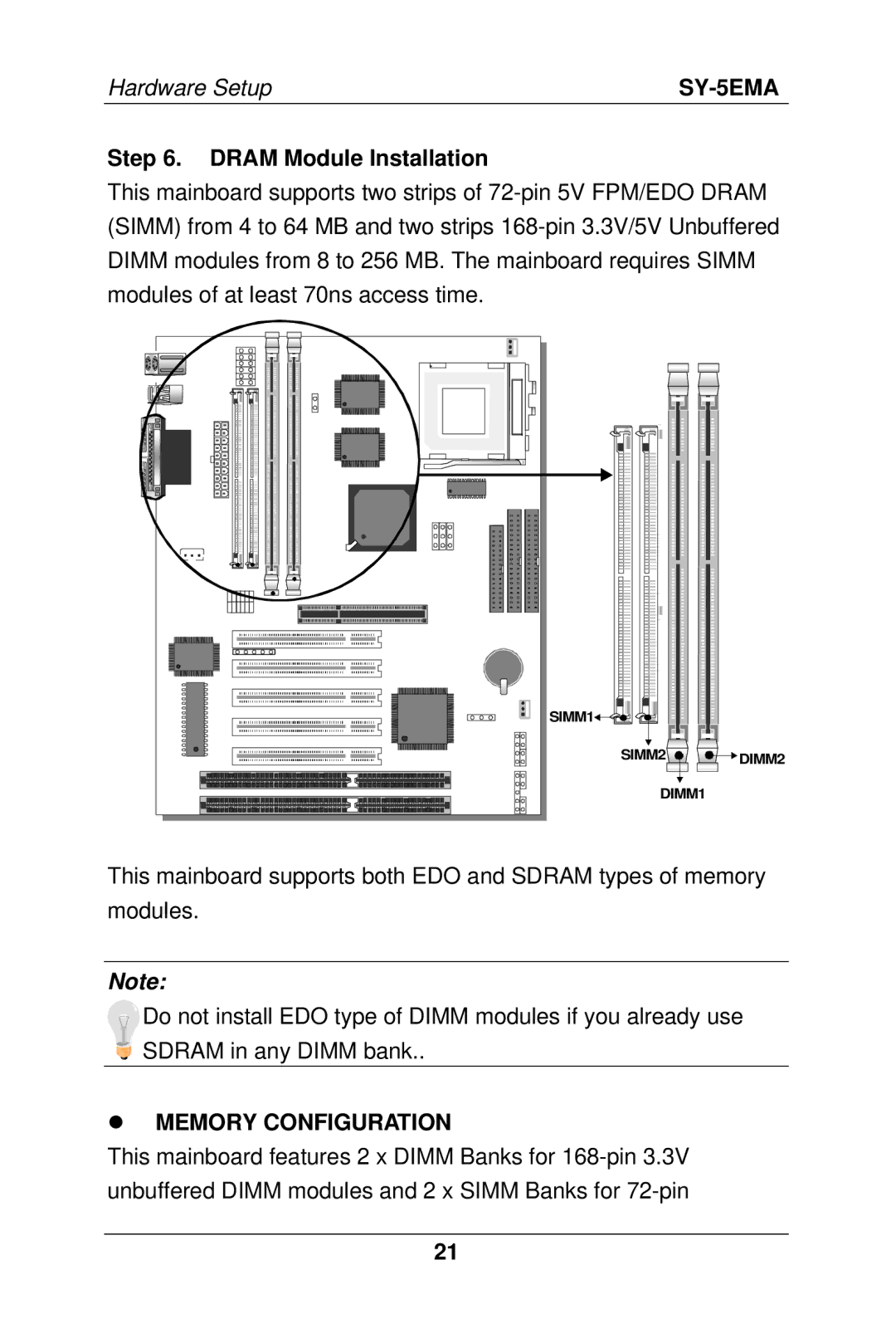 SOYO SY-5EMA manual Dram Module Installation, Memory Configuration 