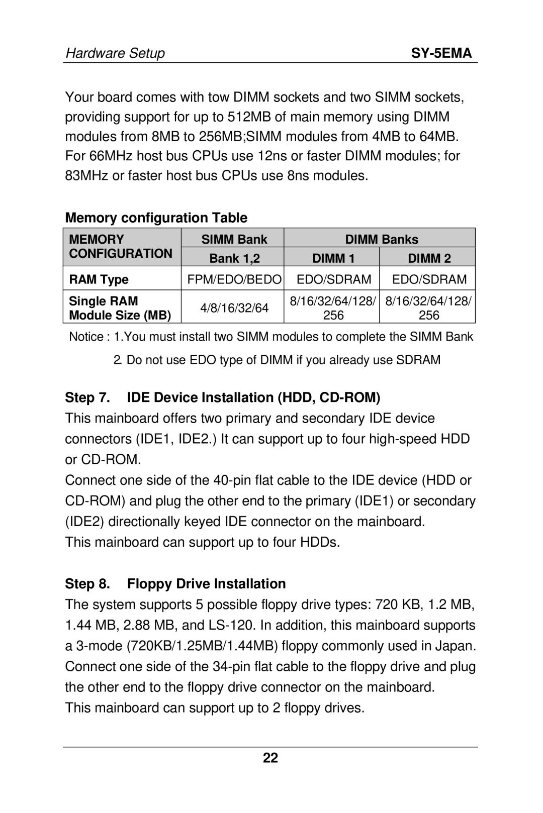 SOYO SY-5EMA manual Memory configuration Table, IDE Device Installation HDD, CD-ROM, Floppy Drive Installation 