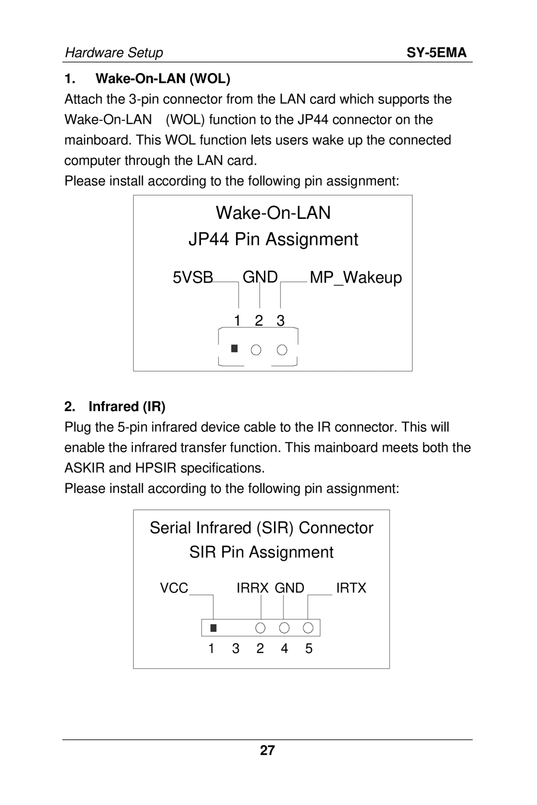 SOYO SY-5EMA manual Wake-On-LAN WOL, Infrared IR, VCC Irrx GND Irtx 