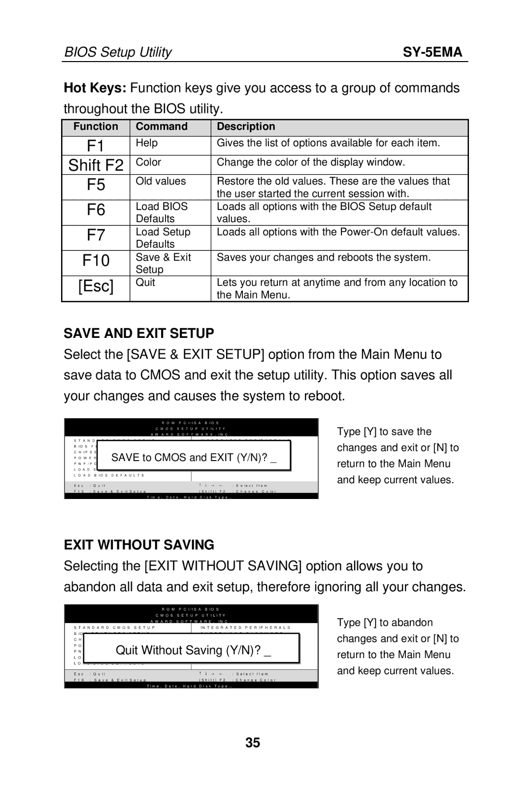 SOYO SY-5EMA manual Save and Exit Setup, Exit Without Saving 