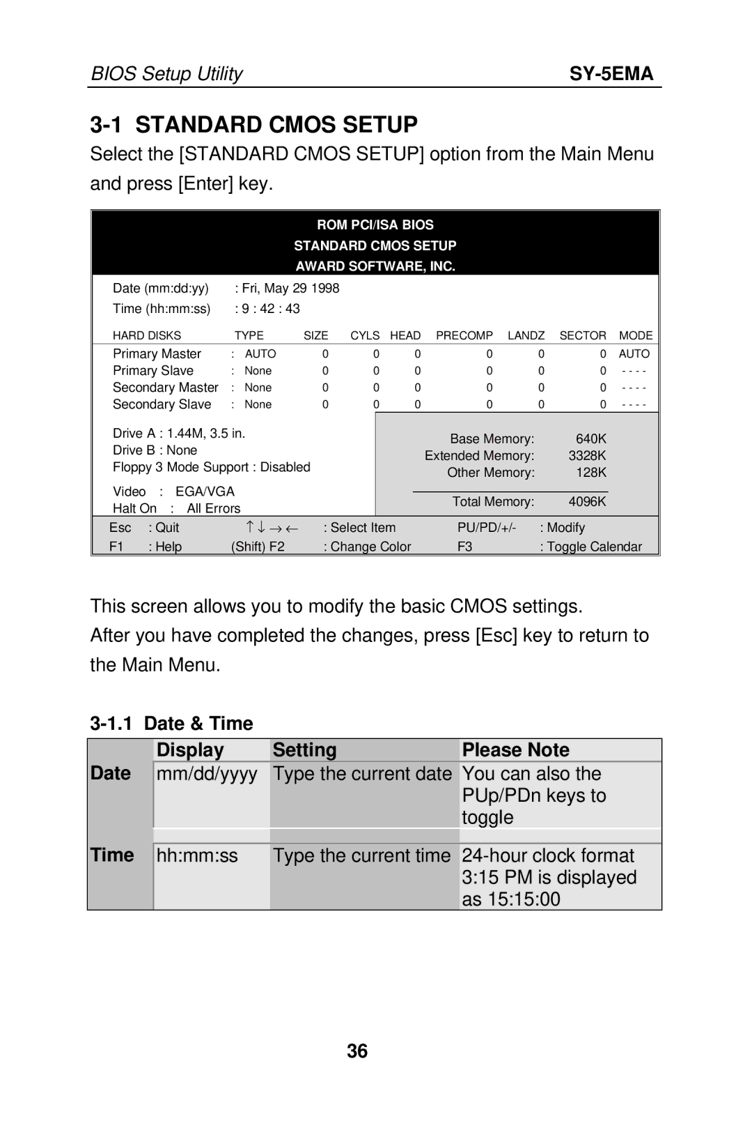 SOYO SY-5EMA manual Standard Cmos Setup, Date & Time Display Setting Please Note 