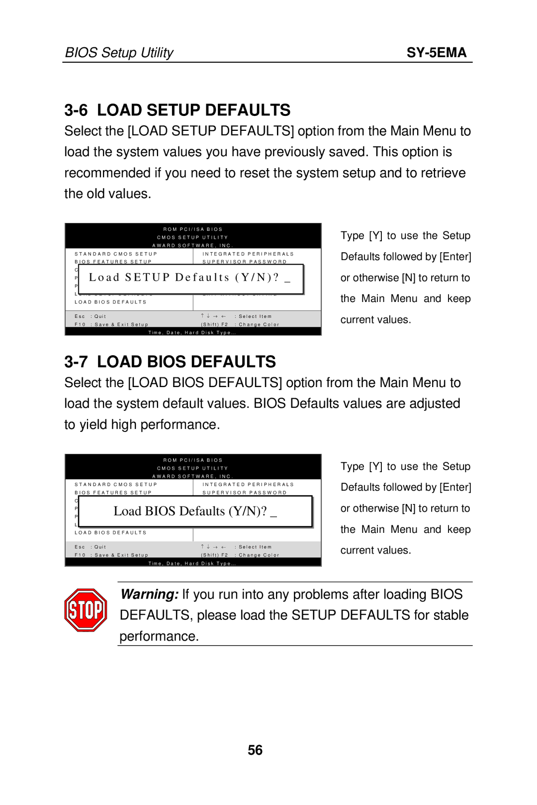 SOYO SY-5EMA manual Load Setup Defaults, Load Bios Defaults 