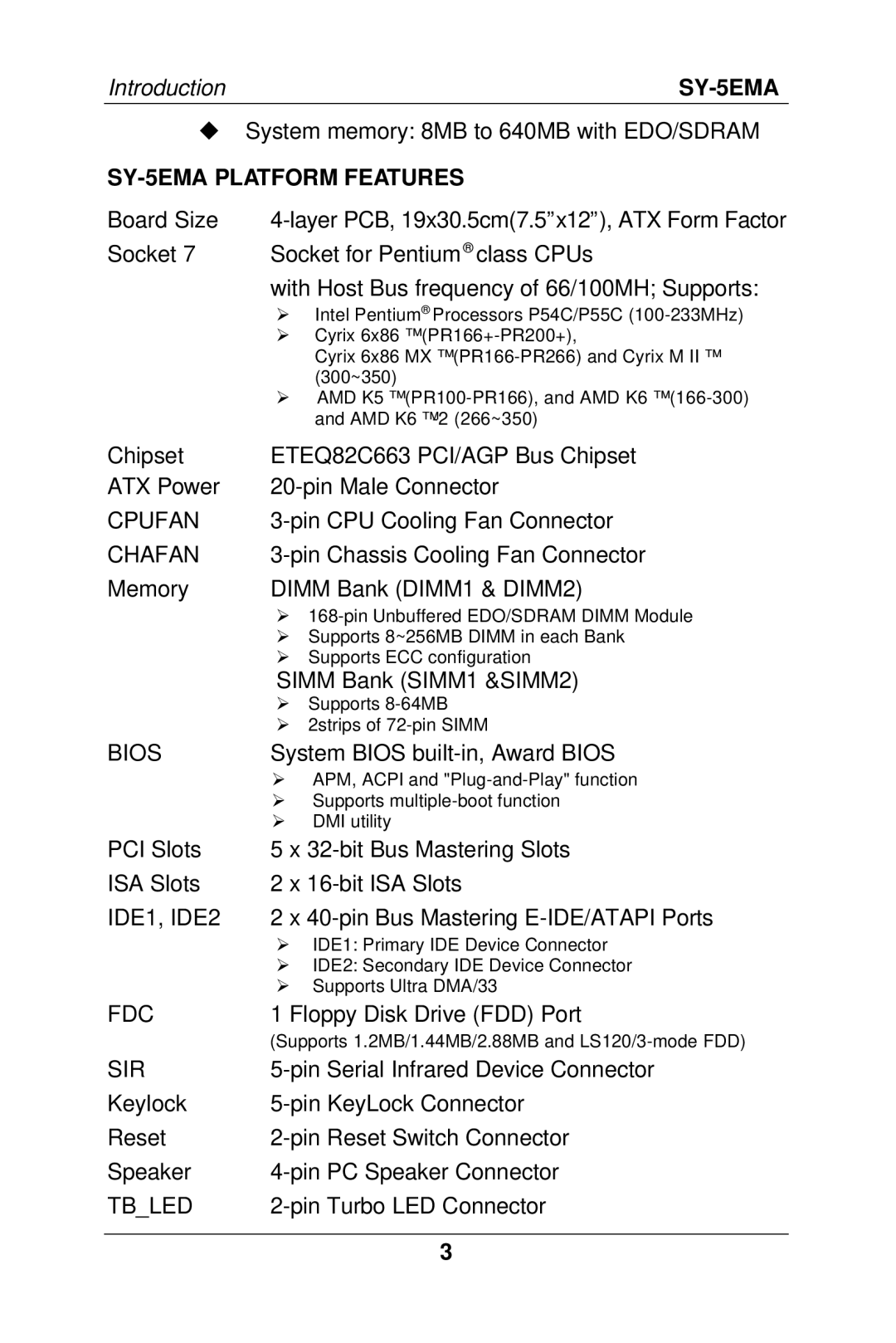 SOYO manual SY-5EMA Platform Features 