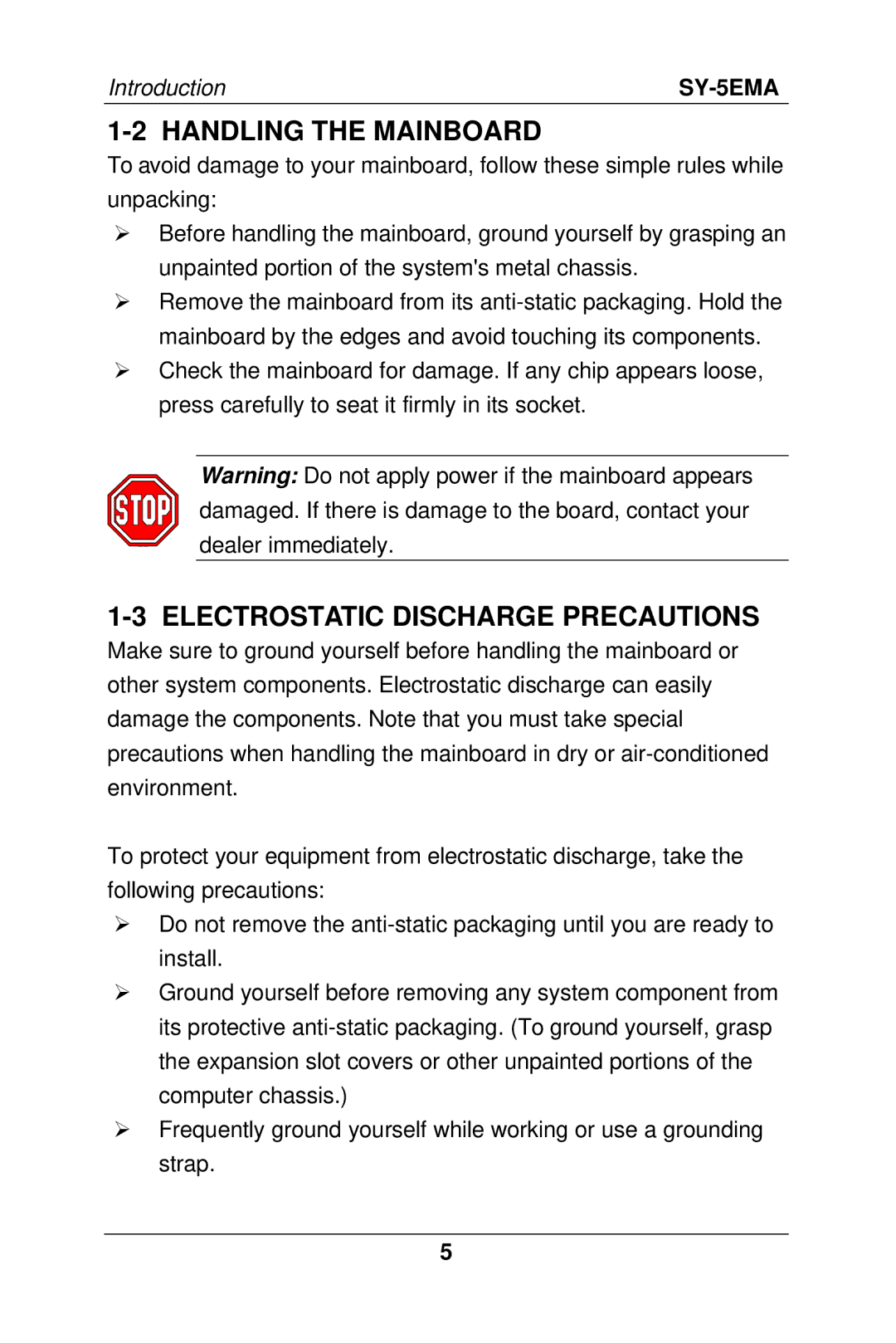 SOYO SY-5EMA manual Handling the Mainboard, Electrostatic Discharge Precautions 