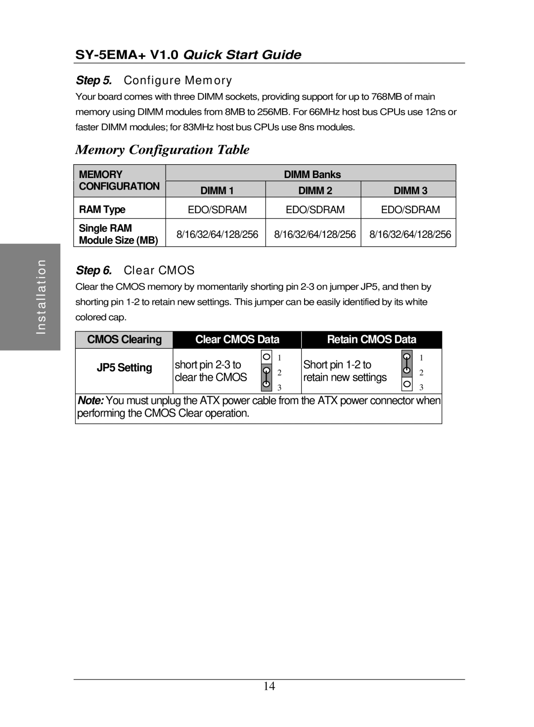 SOYO SY-5EMA quick start Configure Memory, Clear Cmos 