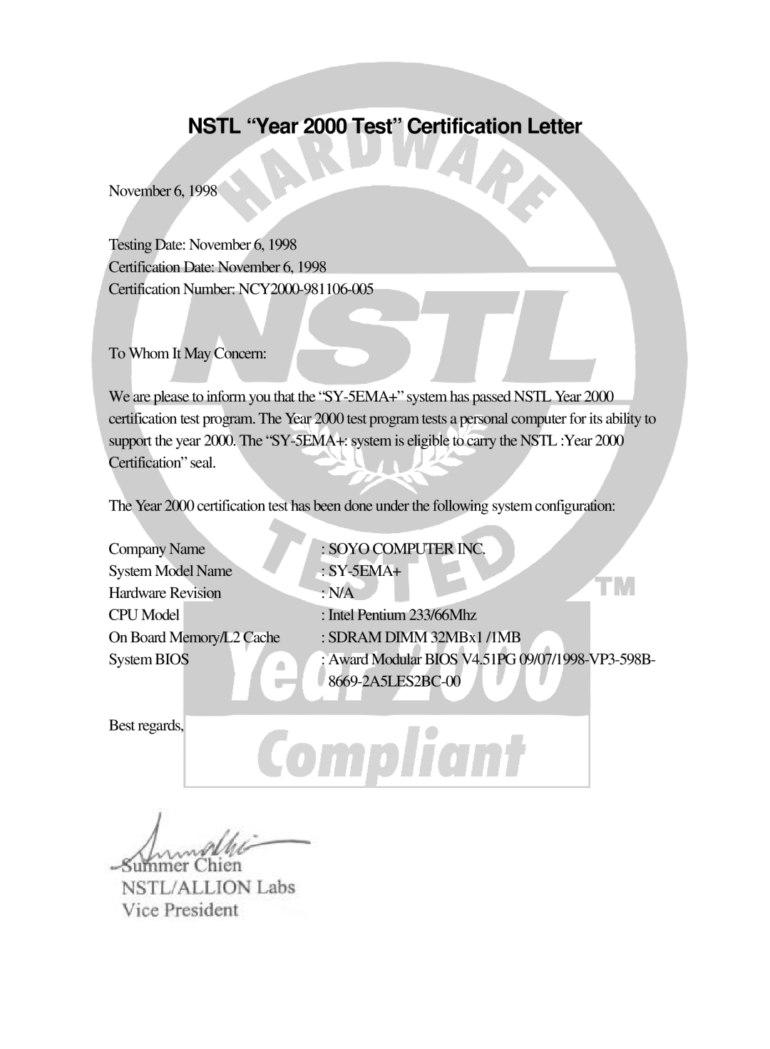 SOYO SY-5EMA quick start Nstl Year 2000 Test Certification Letter 