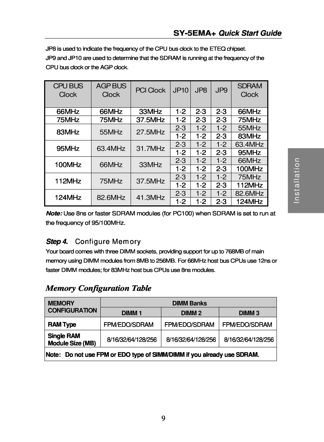 SOYO SY-5EMA+ quick start Memory Configuration Table, Cpu Bus, Agp Bus, PCI Clock, JP10, Sdram, Configure Memory 