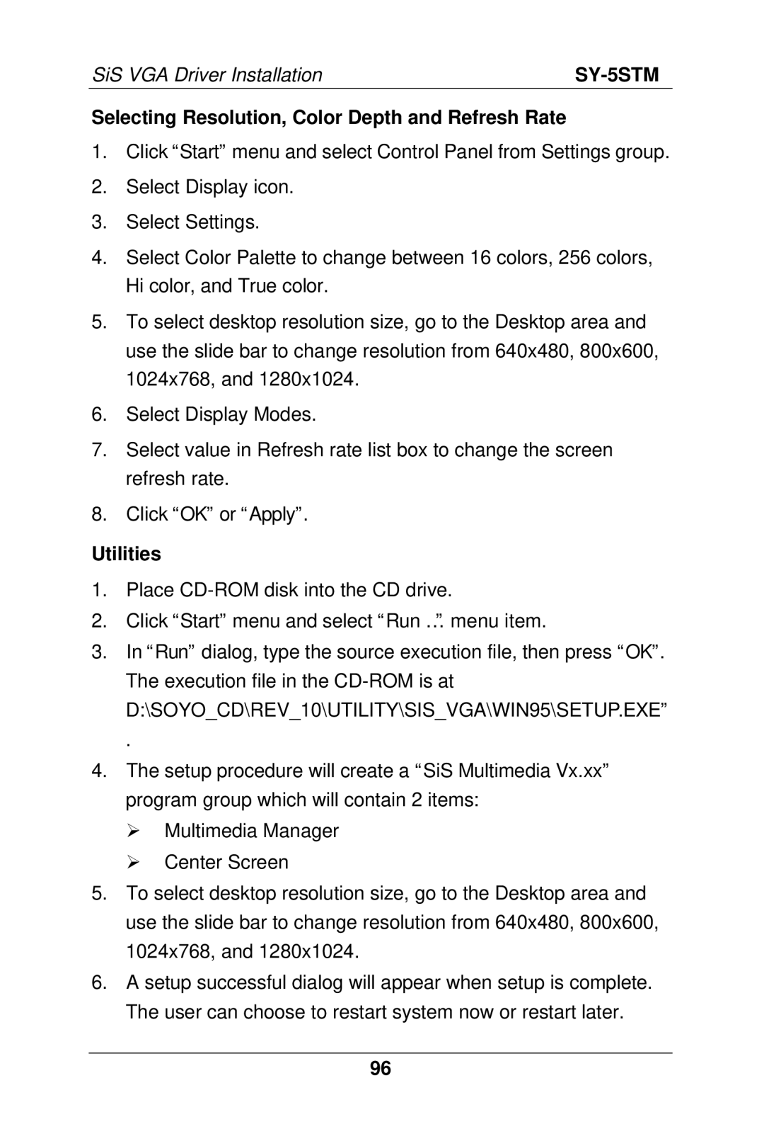 SOYO SY-5S manual Selecting Resolution, Color Depth and Refresh Rate, Utilities 