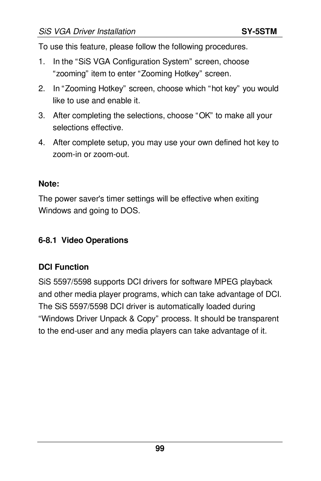 SOYO SY-5S manual Video Operations DCI Function 