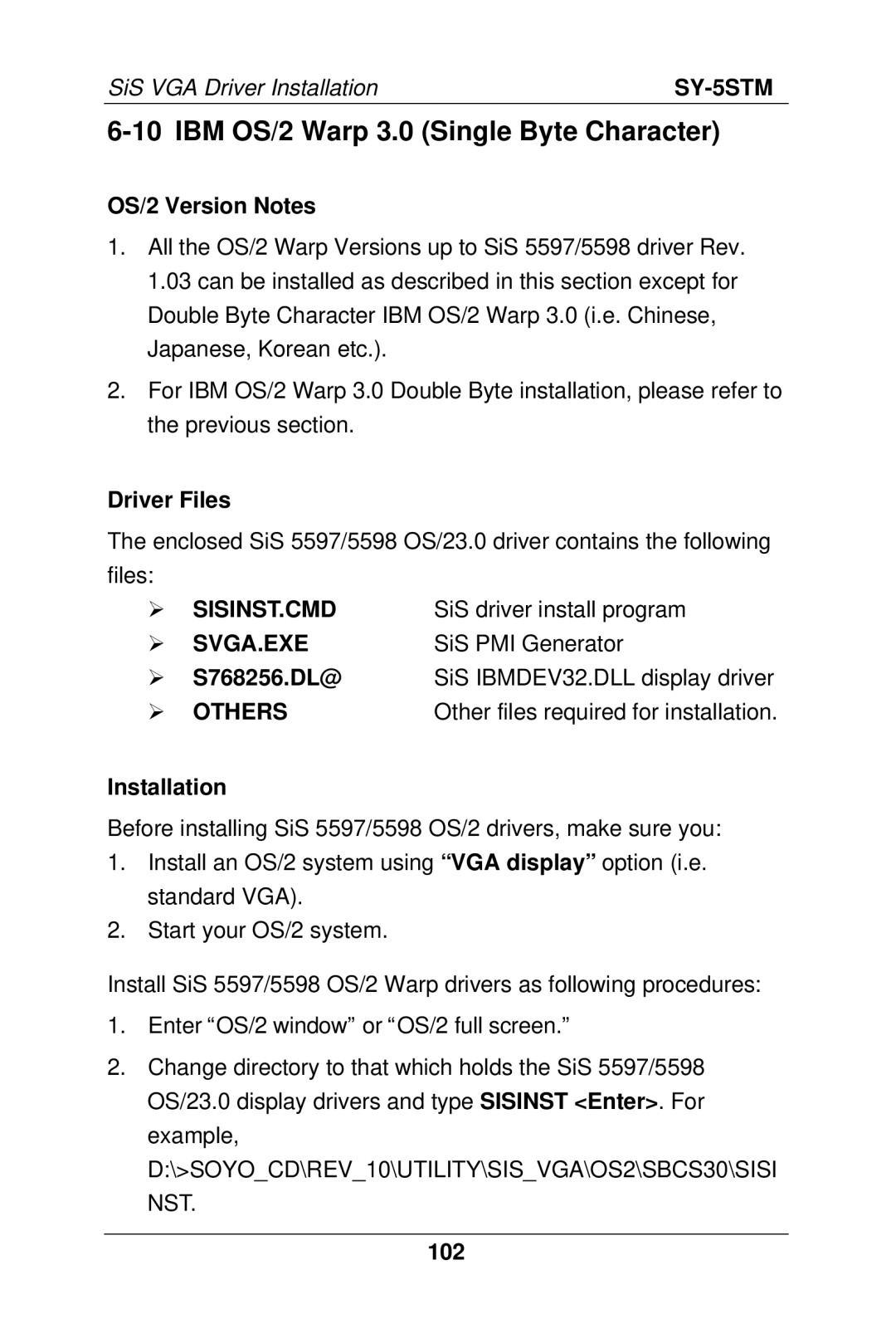 SOYO SY-5S manual IBM OS/2 Warp 3.0 Single Byte Character, Sisinst.Cmd, 102 