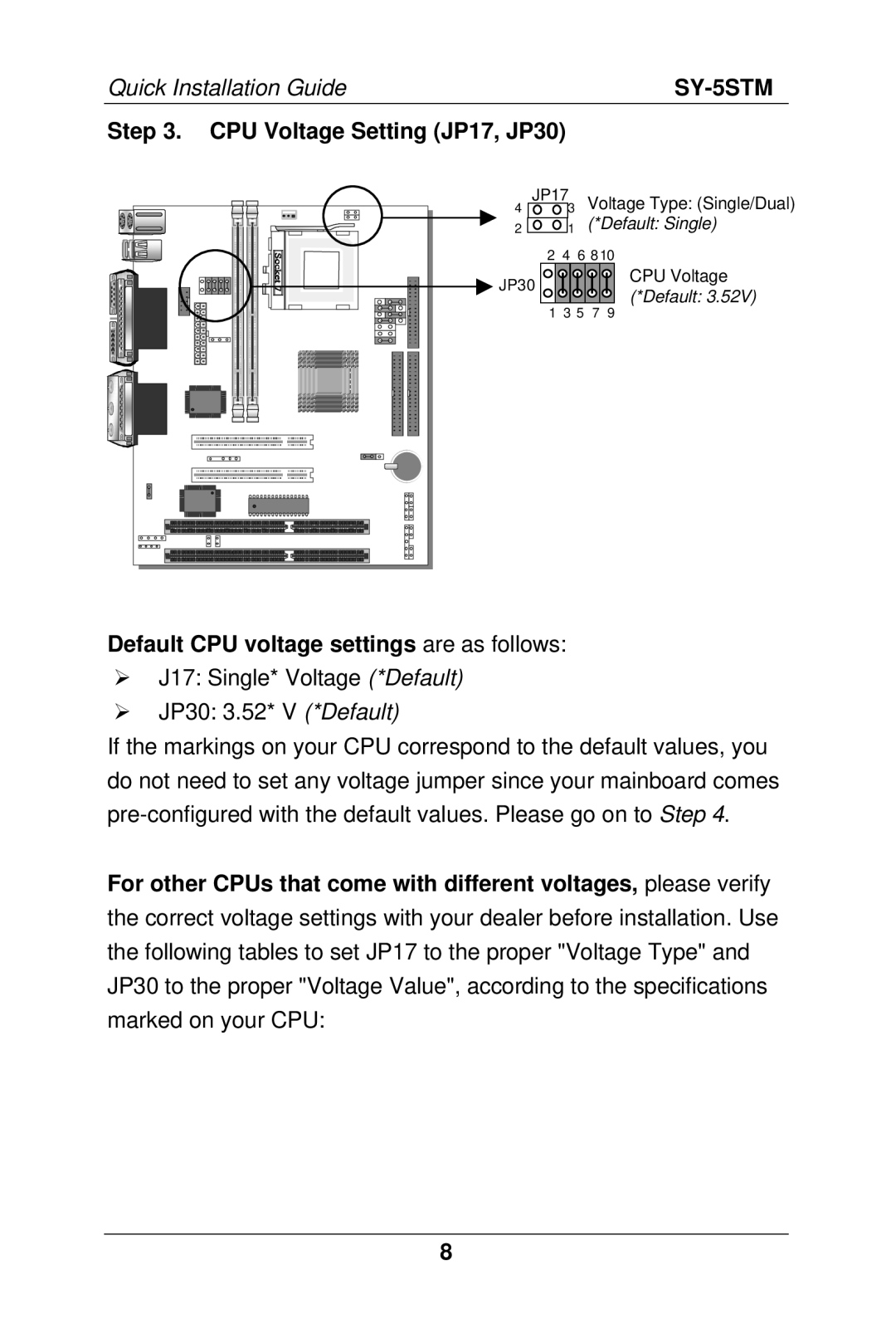 SOYO SY-5S manual CPU Voltage Setting JP17, JP30, Default CPU voltage settings are as follows 