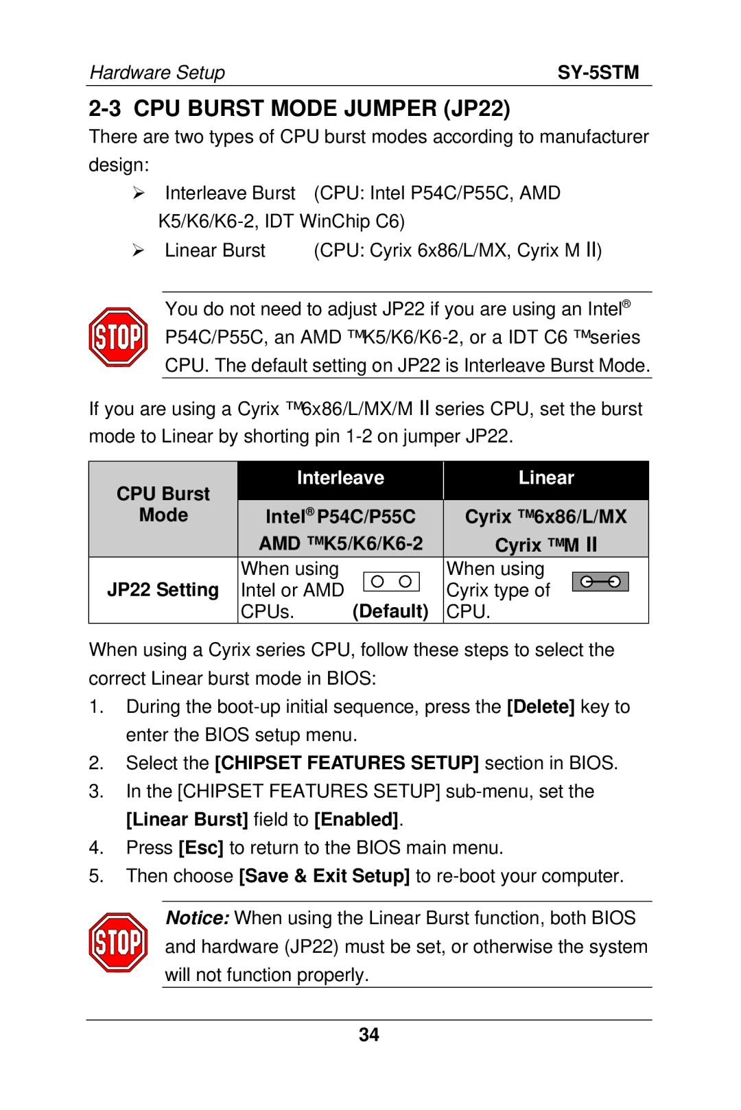 SOYO SY-5S manual CPU Burst Mode Jumper JP22, Mode Intel P54C/P55C, AMD K5/K6/K6-2, Linear Burst field to Enabled 