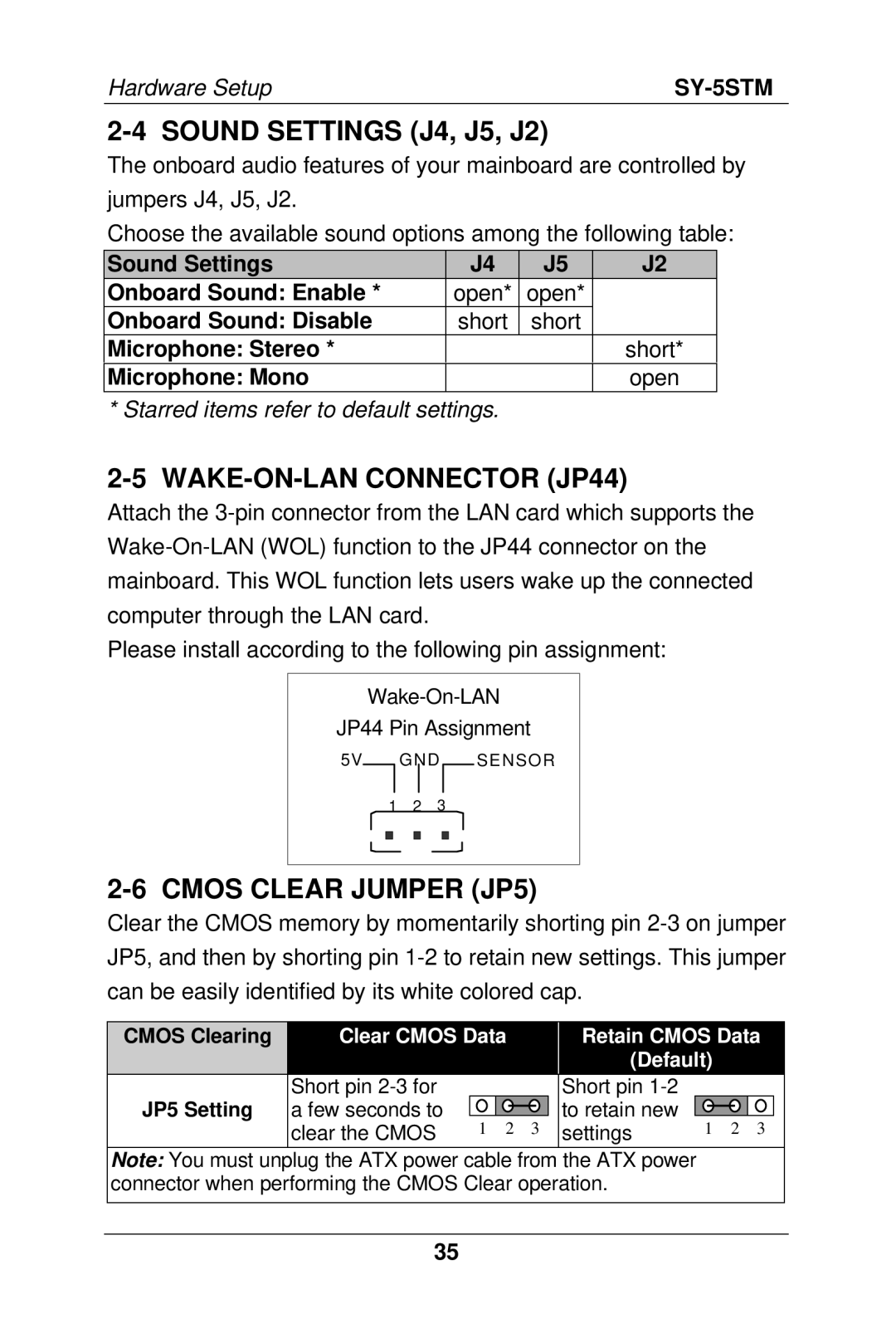 SOYO SY-5S manual Sound Settings J4, J5, J2, WAKE-ON-LAN Connector JP44, Cmos Clear Jumper JP5 