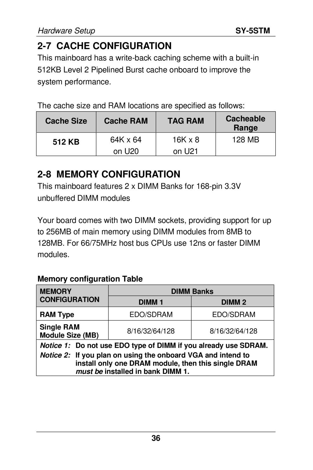 SOYO SY-5S manual Cache Configuration, Memory Configuration, Tag Ram 