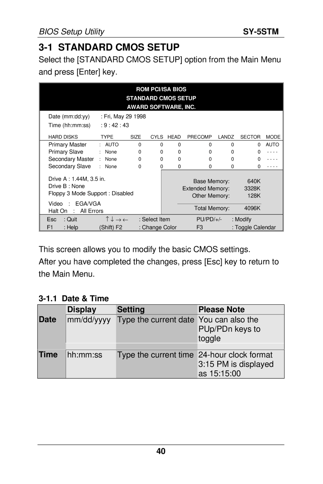 SOYO SY-5S manual Standard Cmos Setup, Date & Time Display Setting Please Note 