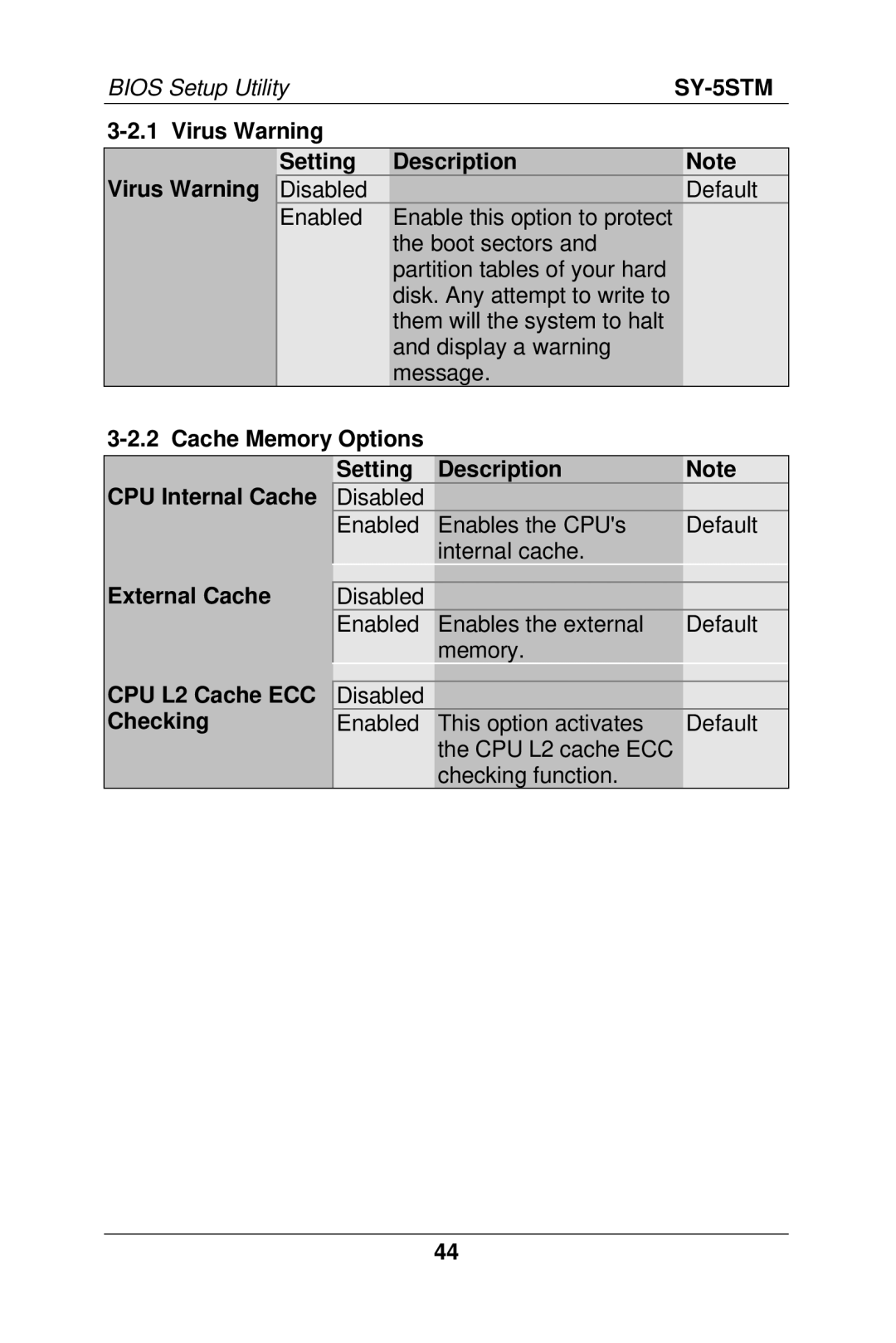 SOYO SY-5S Virus Warning Setting Description, Cache Memory Options Setting Description CPU Internal Cache, External Cache 