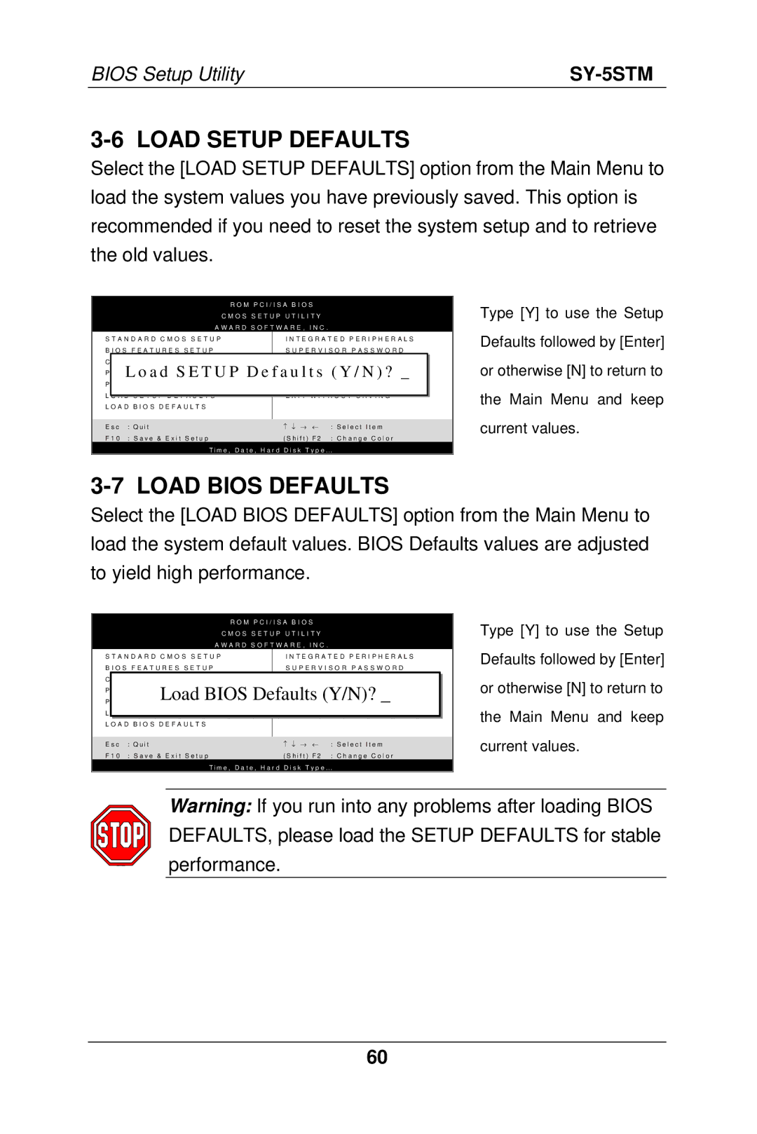 SOYO SY-5S manual Load Setup Defaults, Load Bios Defaults 