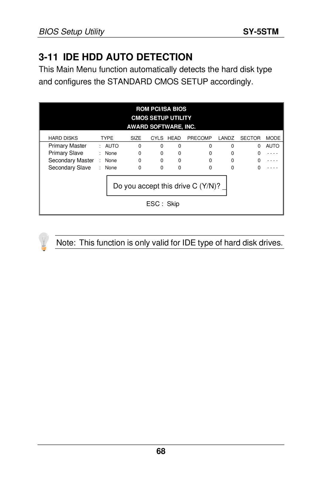 SOYO SY-5S manual IDE HDD Auto Detection, ROM PCI/ISA Bios Cmos Setup Utility Award SOFTWARE, INC 