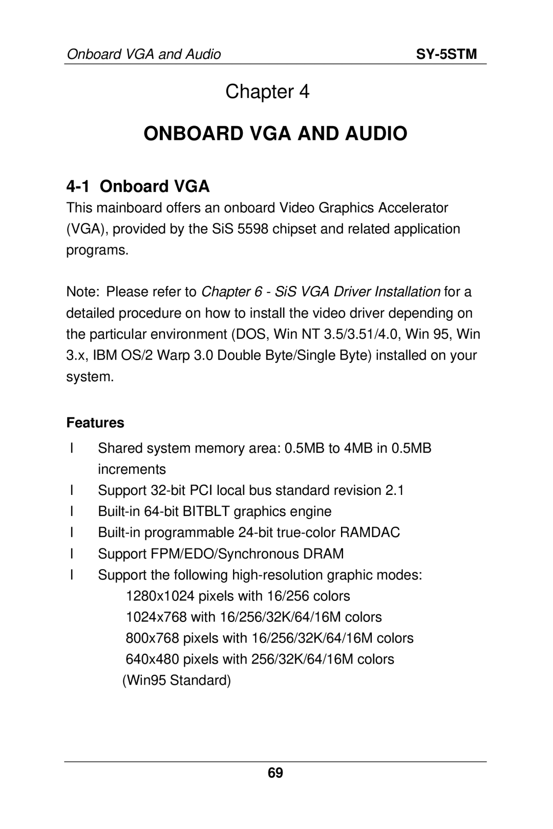 SOYO SY-5S manual Onboard VGA, Features 