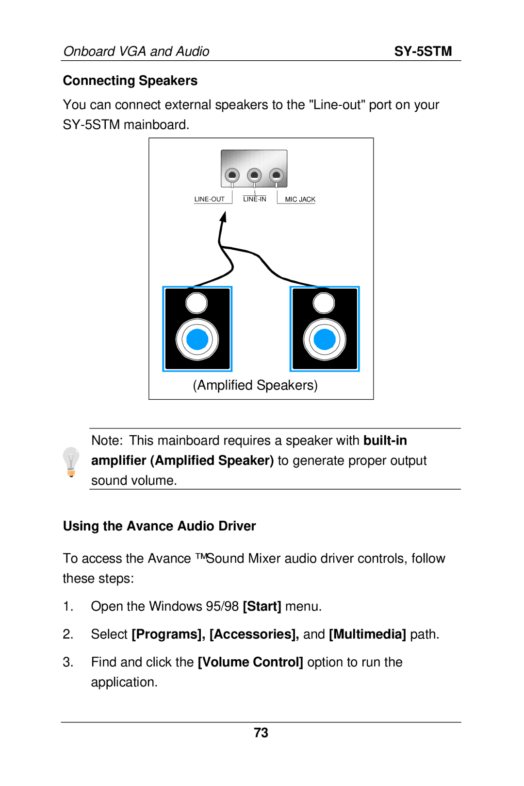 SOYO SY-5S manual Connecting Speakers, Using the Avance Audio Driver, Select Programs, Accessories, and Multimedia path 