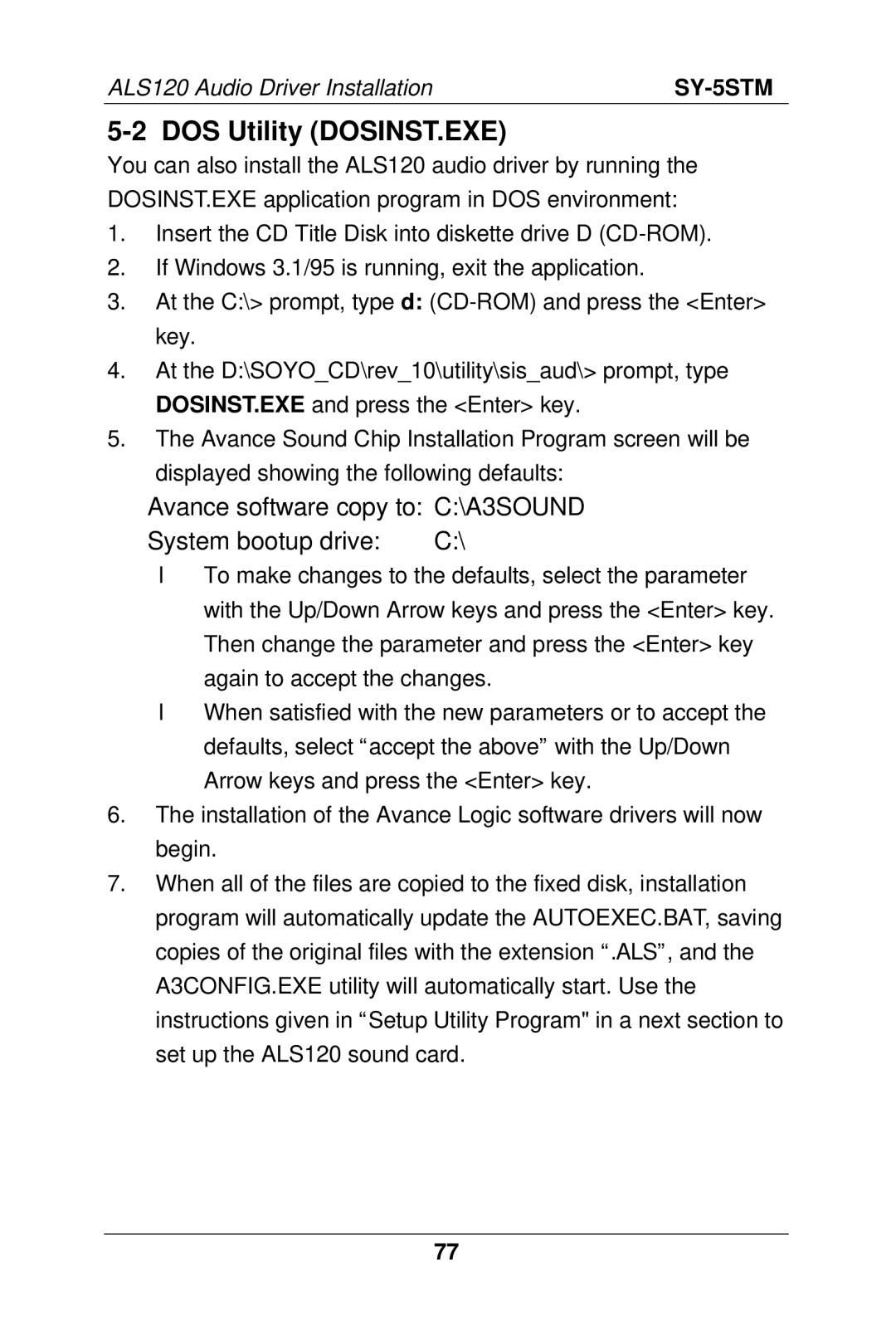 SOYO SY-5S manual DOS Utility DOSINST.EXE, Avance software copy to C\A3SOUND System bootup drive 