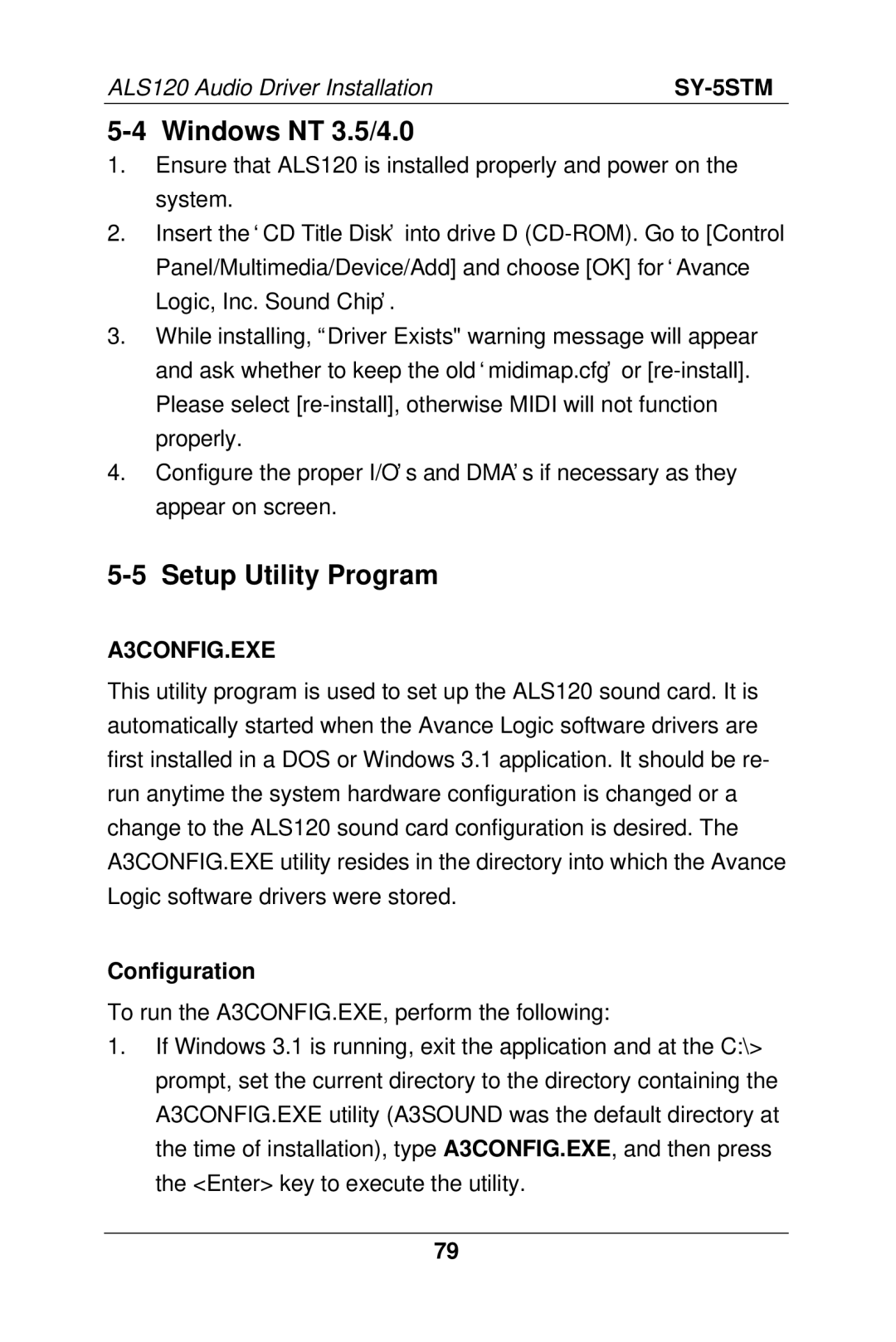 SOYO SY-5S manual Windows NT 3.5/4.0, Setup Utility Program, A3CONFIG.EXE 