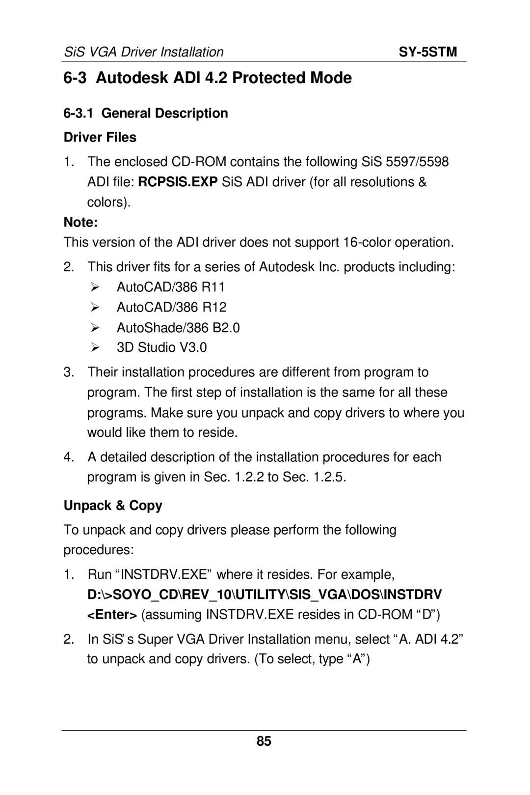 SOYO SY-5S manual Autodesk ADI 4.2 Protected Mode, General Description Driver Files, Unpack & Copy 