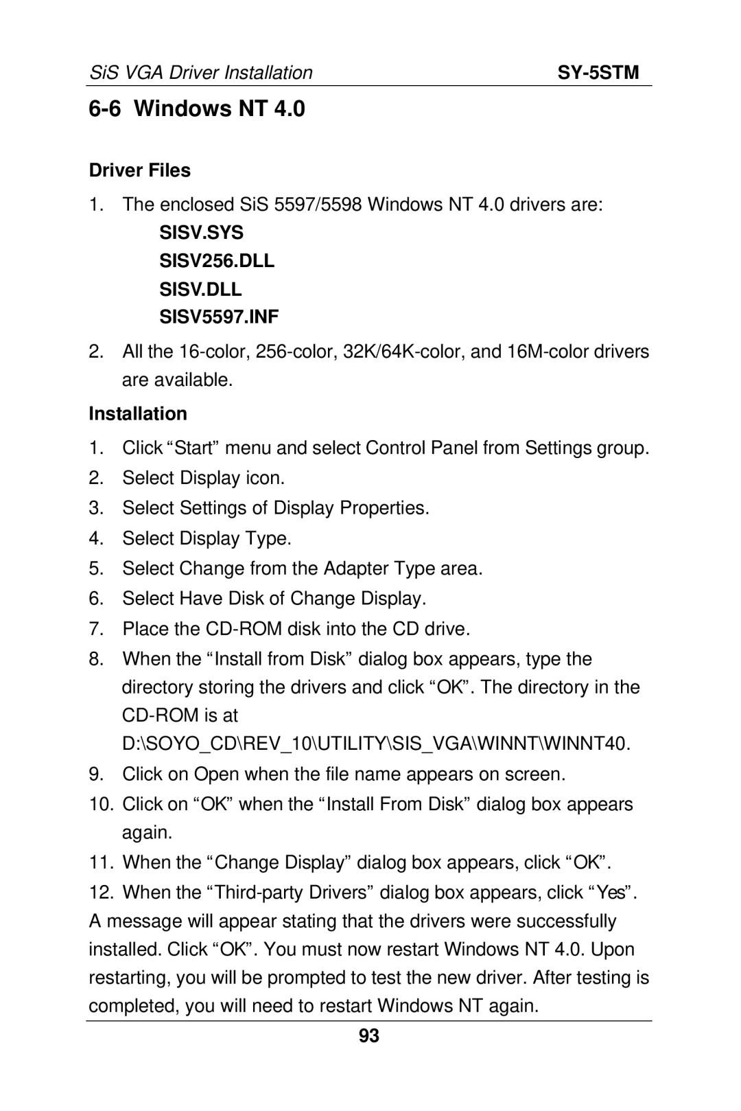 SOYO SY-5S manual Windows NT, SISV.SYS SISV256.DLL SISV.DLL SISV5597.INF 