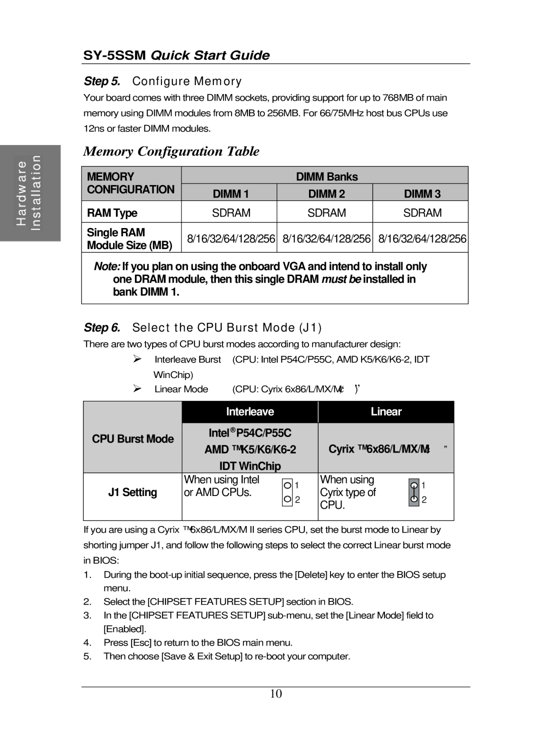 SOYO SY-5SSM Motherboard quick start Memory Configuration Table, Configure Memory, Select the CPU Burst Mode J1 