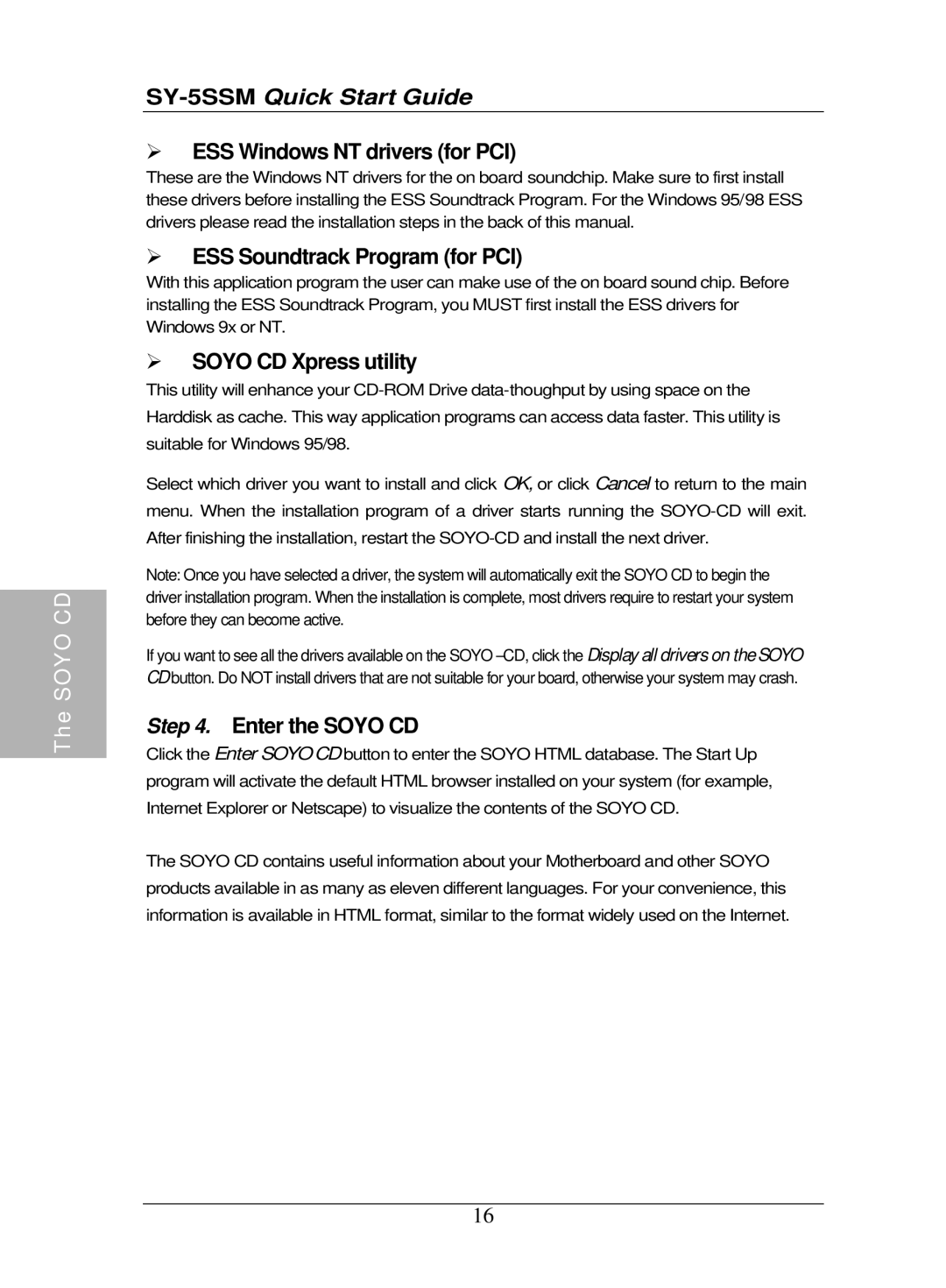 SOYO SY-5SSM Motherboard quick start ESS Windows NT drivers for PCI, ESS Soundtrack Program for PCI, Soyo CD Xpress utility 