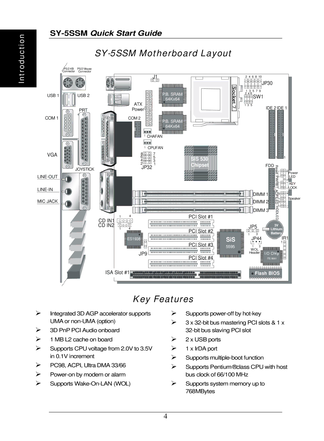 SOYO quick start SY-5SSM Motherboard Layout, Key Features 