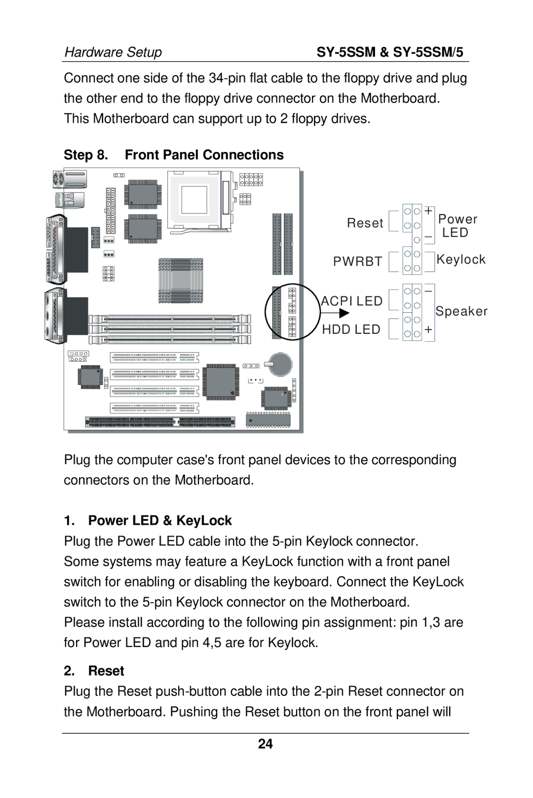 SOYO SY-5SSM/5 manual Front Panel Connections, Power LED & KeyLock, Reset 