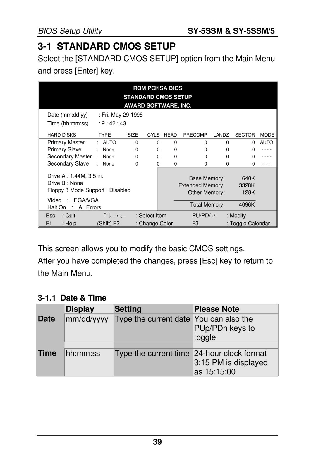 SOYO SY-5SSM/5 manual Standard Cmos Setup, Date & Time Display Setting Please Note 