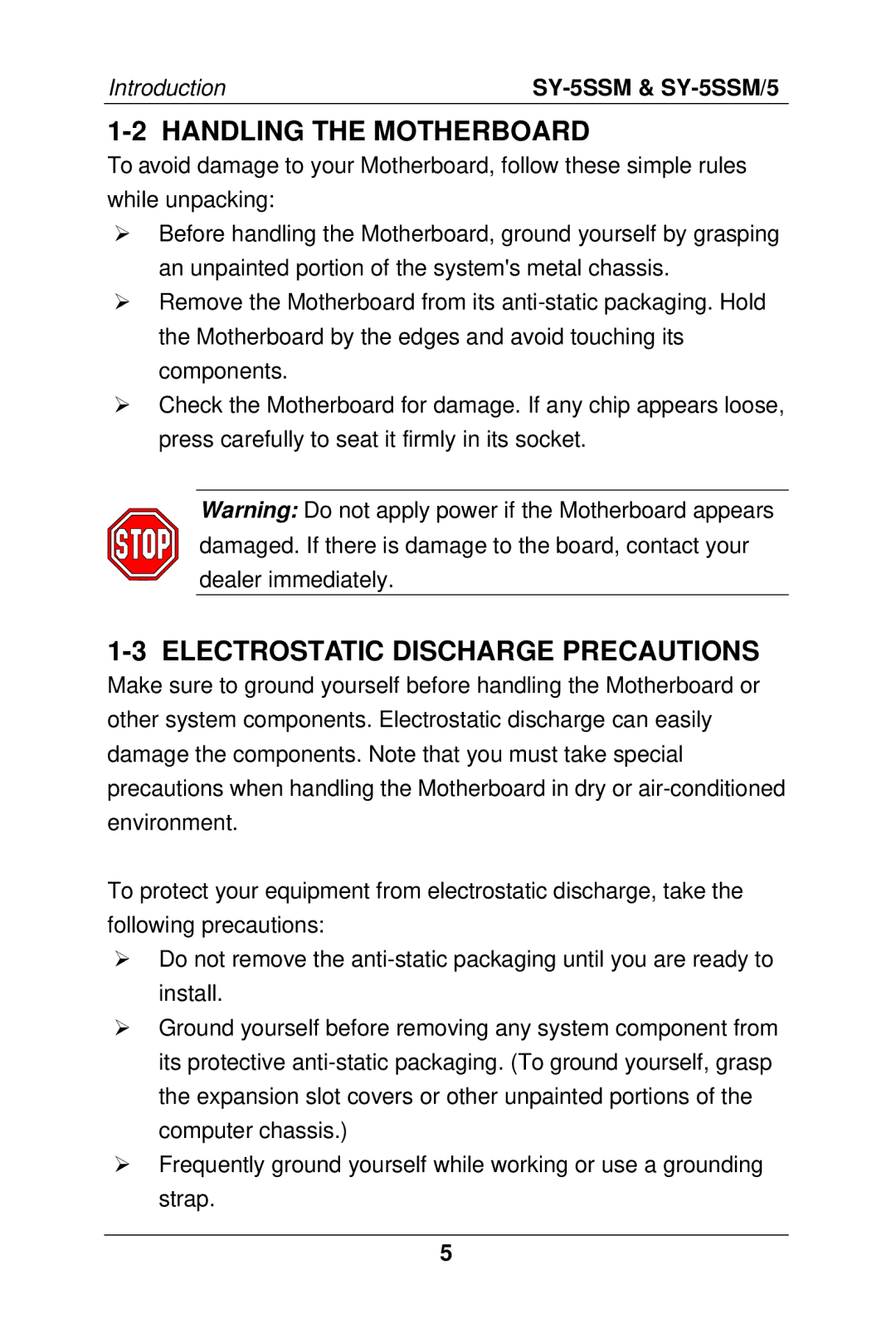 SOYO SY-5SSM/5 manual Handling the Motherboard, Electrostatic Discharge Precautions 